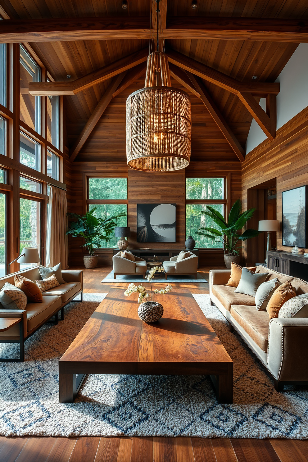 A luxury living room featuring natural wood elements that add warmth and charm. The space includes a large wooden coffee table with a rich finish and plush seating arranged around it for comfort. Floor-to-ceiling windows allow natural light to flood the room, highlighting the elegant wooden beams on the ceiling. A cozy area rug in neutral tones anchors the seating area, complemented by decorative throw pillows in soft fabrics. A statement chandelier made of natural materials hangs above, adding a touch of sophistication. The walls are adorned with tasteful artwork, and indoor plants bring a refreshing touch of nature to the ambiance.