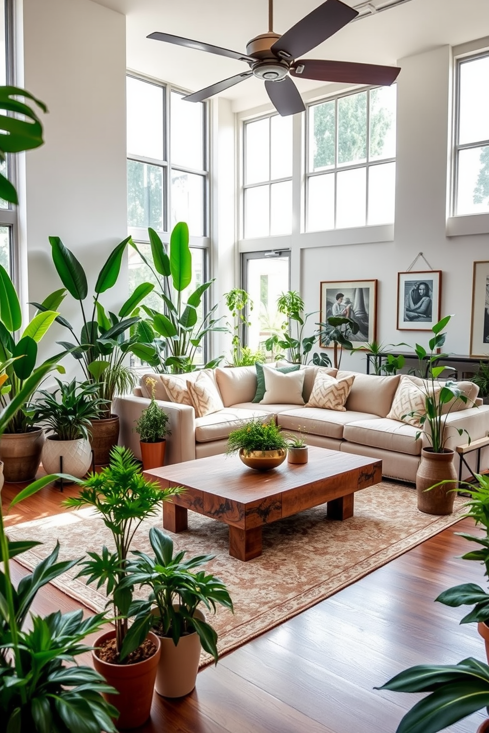 A luxurious living room filled with various indoor plants that create a fresh and lively atmosphere. The space features a plush sectional sofa in a soft neutral tone, accented by vibrant green plants in elegant pots placed strategically around the room. Natural light floods in through large windows, highlighting a stunning coffee table made of reclaimed wood. A stylish area rug anchors the seating arrangement, while a few carefully chosen art pieces adorn the walls, adding character and warmth to the space.