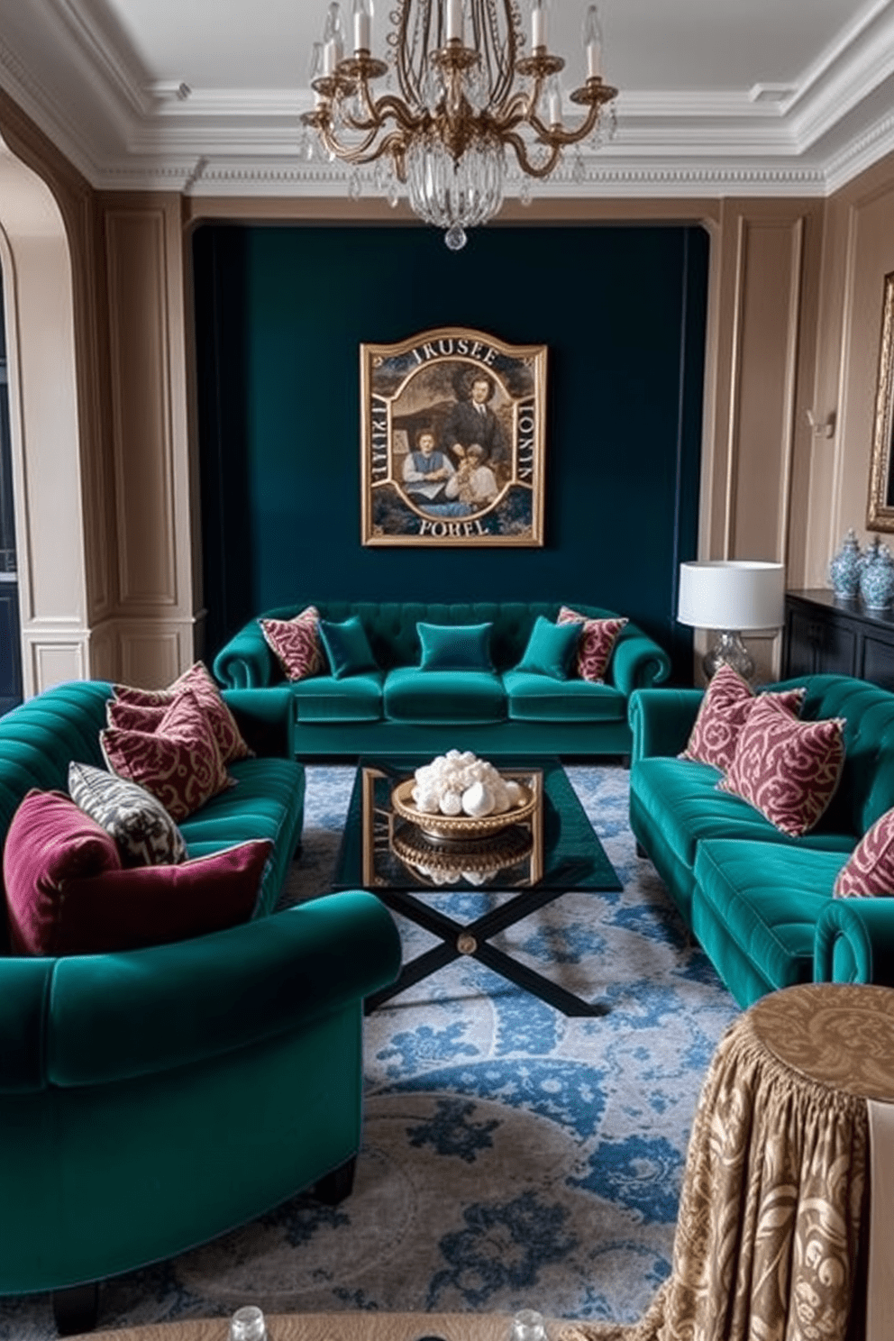 A luxurious living room featuring rich velvet sofas in deep jewel tones such as emerald green and sapphire blue. The sofas are adorned with plush throw pillows and positioned around a sleek glass coffee table, creating an inviting and opulent atmosphere.