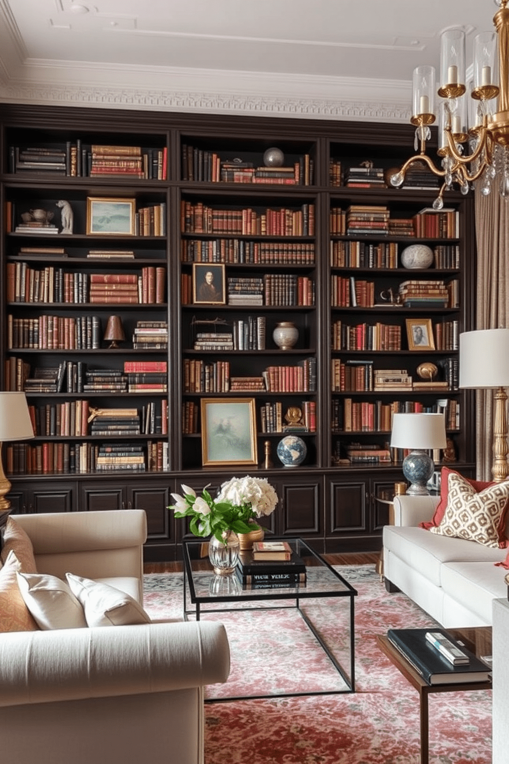 Classic bookcases filled with curated collections. The shelves are adorned with a mix of vintage books, art pieces, and decorative objects, creating a sophisticated and inviting atmosphere. Luxury living room design ideas. The space features plush seating, elegant lighting fixtures, and a stylish coffee table, all harmoniously arranged to enhance comfort and aesthetics.