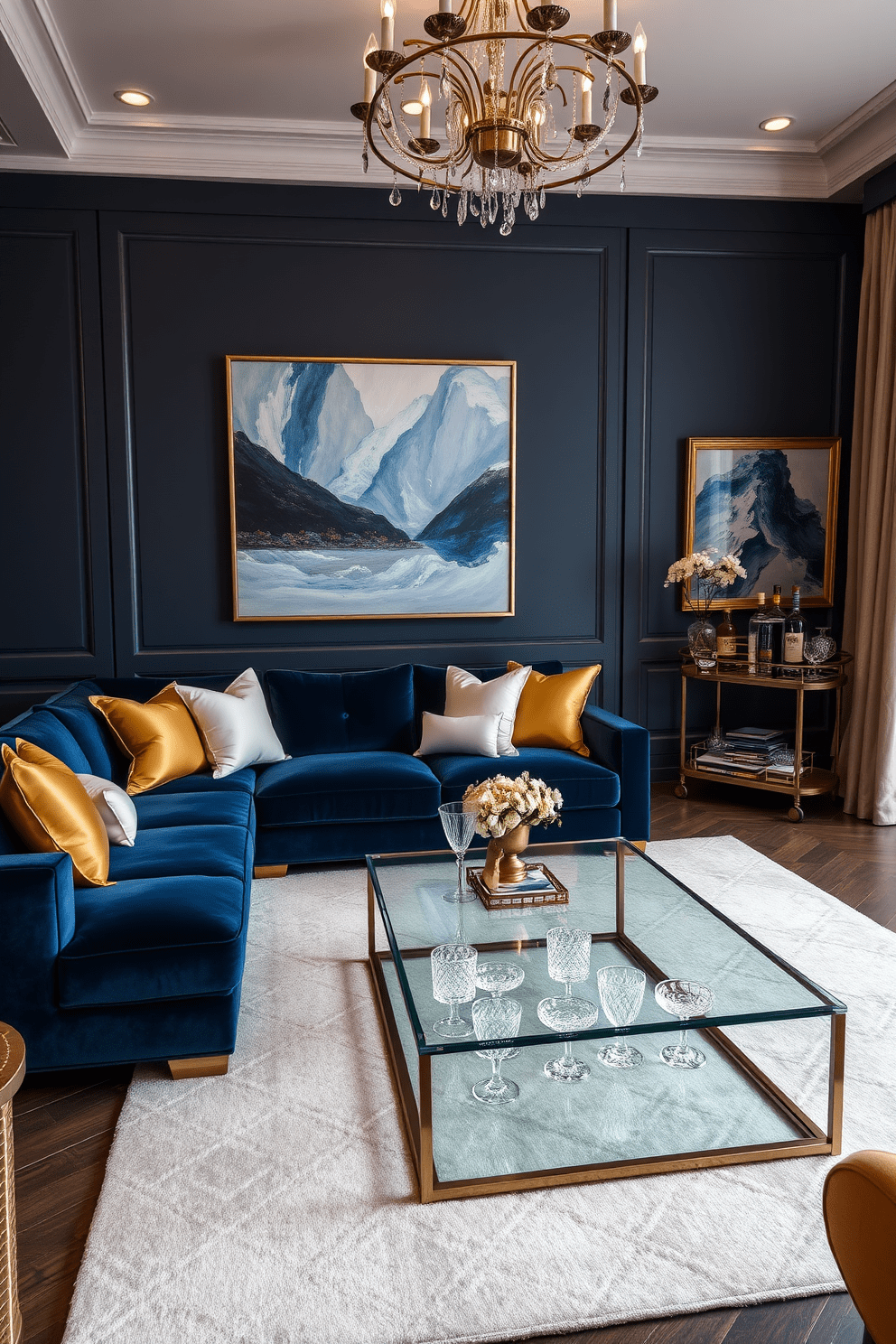 A luxury living room features a plush sectional sofa in a rich navy blue, complemented by gold and white accent pillows. A sleek glass coffee table sits atop a soft cream area rug, while a statement chandelier hangs gracefully from the ceiling. The walls are adorned with elegant artwork that incorporates shades of blue and gold, creating a harmonious color palette. A stylish bar cart in the corner showcases crystal glassware and a selection of fine spirits, adding a touch of sophistication to the space.