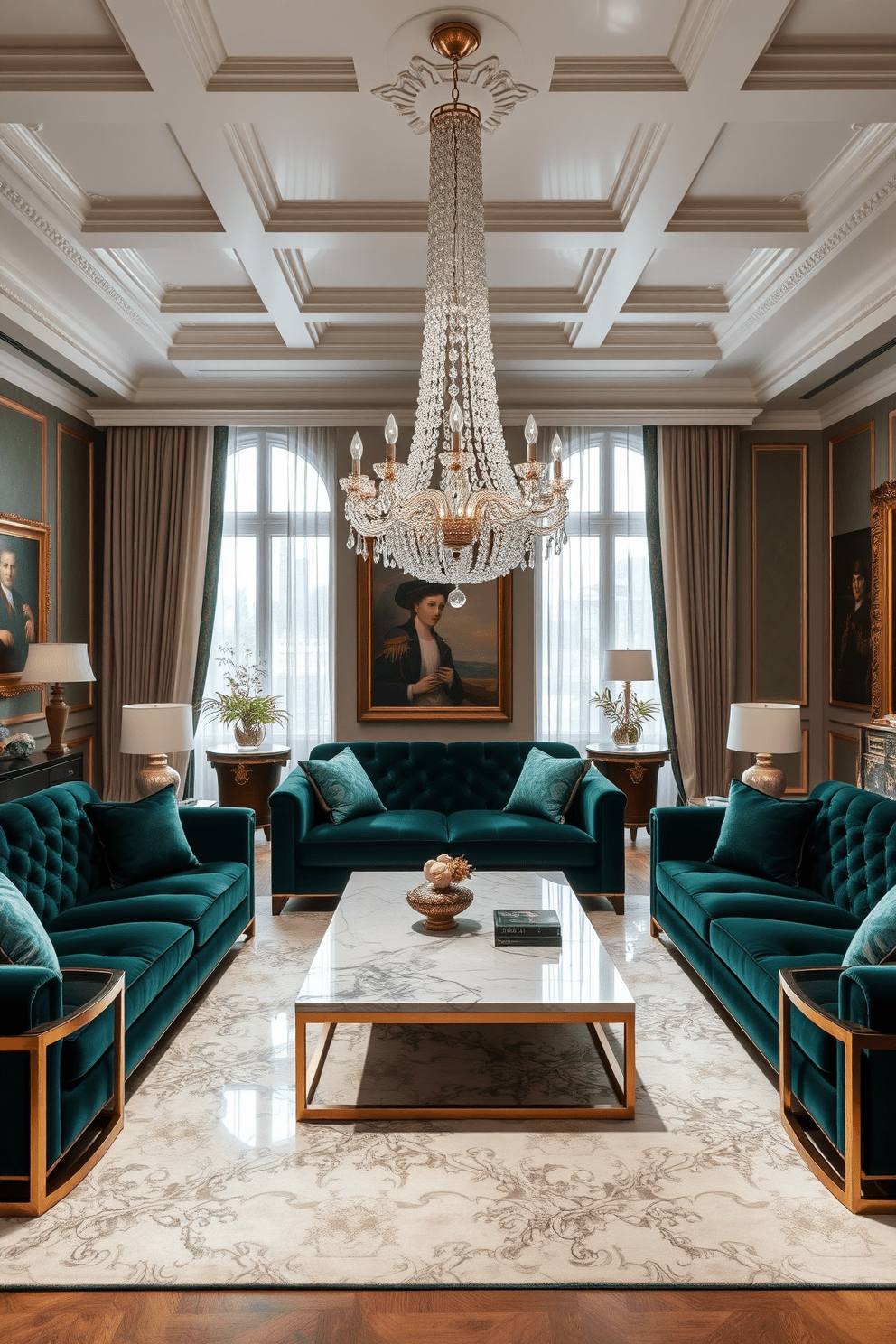 A luxurious living room featuring plush velvet sofas in deep emerald green. The space is accented with a stunning crystal chandelier that hangs from a coffered ceiling, reflecting light throughout the room. A marble coffee table sits at the center, surrounded by elegant gold side tables. The walls are adorned with rich artwork, and large windows draped in sheer curtains allow natural light to flood the space.