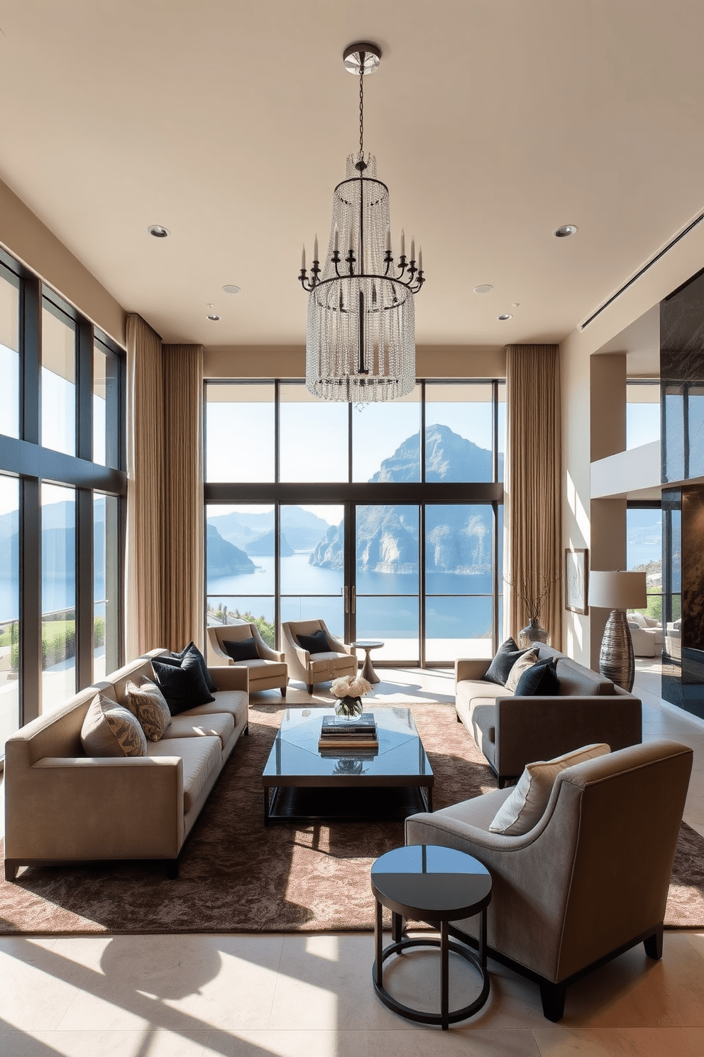 A luxury living room with expansive floor-to-ceiling windows that frame breathtaking outdoor views. The room features plush seating arrangements with elegant fabrics and a modern coffee table at the center. Soft natural light floods the space, highlighting the rich textures of the decor. A statement chandelier hangs above, adding a touch of sophistication to the overall ambiance.