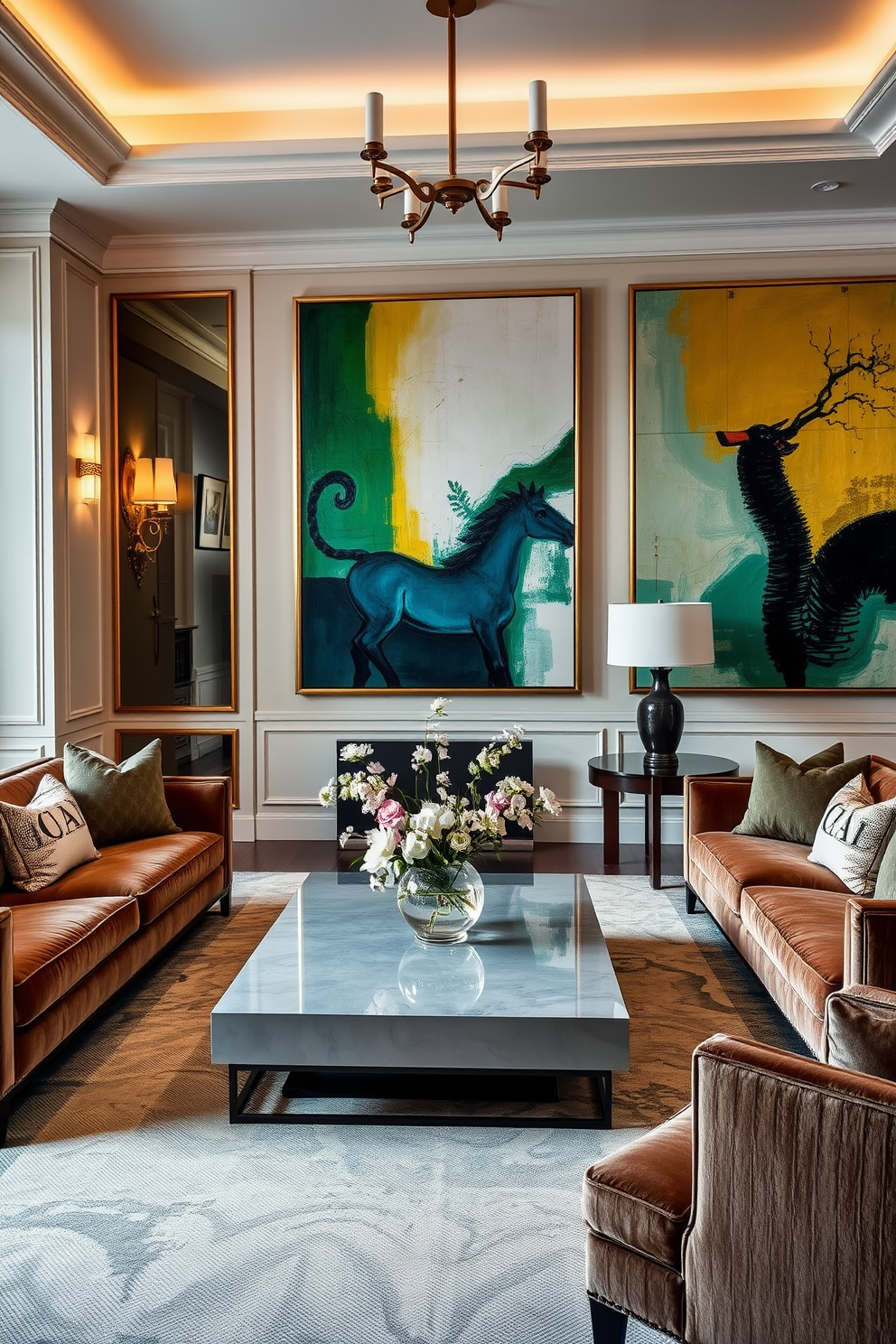 A luxury living room featuring statement artwork that captures attention. Plush seating arrangements in rich fabrics surround a sleek coffee table, creating an inviting atmosphere. The walls are adorned with large, vibrant paintings that complement the color scheme. Soft lighting from elegant fixtures highlights the artwork, enhancing the overall sophistication of the space.