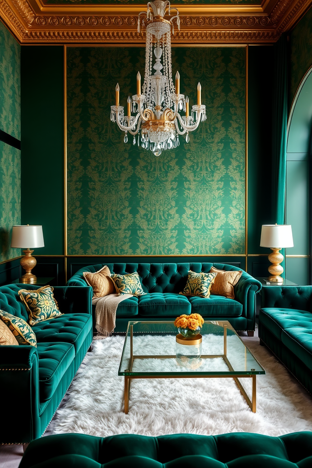 A luxurious living room featuring plush velvet sofas in deep emerald green. Gold accents are incorporated through a stunning chandelier and decorative pillows, creating a glamorous ambiance. The walls are adorned with elegant wallpaper that complements the rich color scheme. A sleek coffee table with a glass top sits atop a soft area rug, enhancing the room's sophistication.