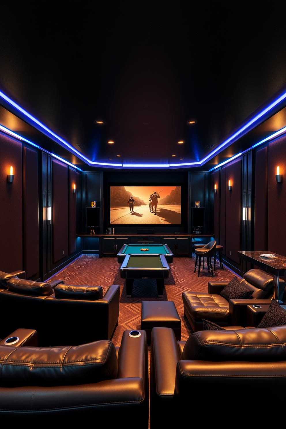 A luxurious home theater featuring plush leather seating arranged in a semi-circle for optimal viewing. The walls are adorned with dark acoustic panels, and a large screen is mounted on the front wall, complemented by ambient LED lighting. A stylish luxury man cave designed for relaxation and entertainment. It includes a custom-built bar with high stools, a pool table in the center, and comfortable lounge furniture arranged around a large flat-screen TV.