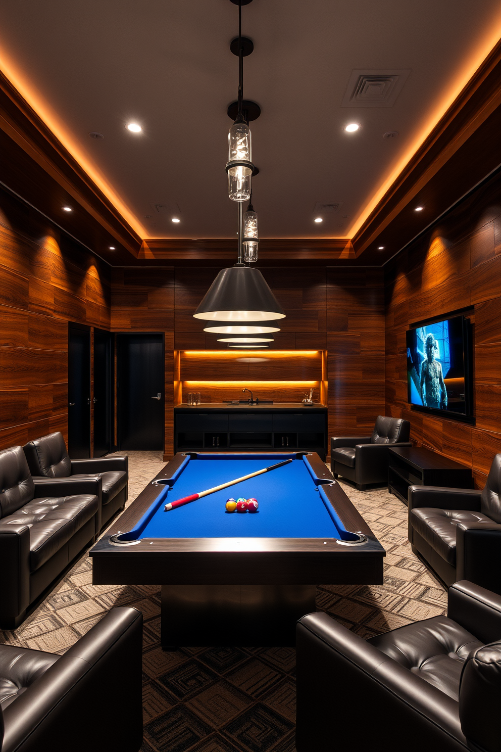 A luxurious man cave featuring a sleek pool table at its center. Stylish pendant lighting fixtures hang above, creating an inviting atmosphere for entertaining guests. The walls are adorned with rich wood paneling, complemented by plush leather seating arranged around a modern coffee table. A large flat-screen TV is mounted on one wall, perfect for watching games or movies in comfort.