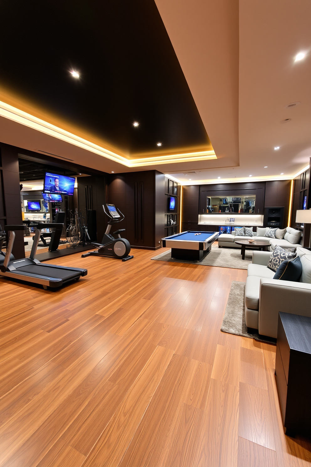 A personal gym featuring state-of-the-art equipment. The space includes a variety of machines such as a treadmill, elliptical, and weights, all arranged on a polished hardwood floor. A luxury man cave designed for relaxation and entertainment. The room is equipped with a large sectional sofa, a high-end audio system, and a pool table, all complemented by ambient lighting and dark wood accents.