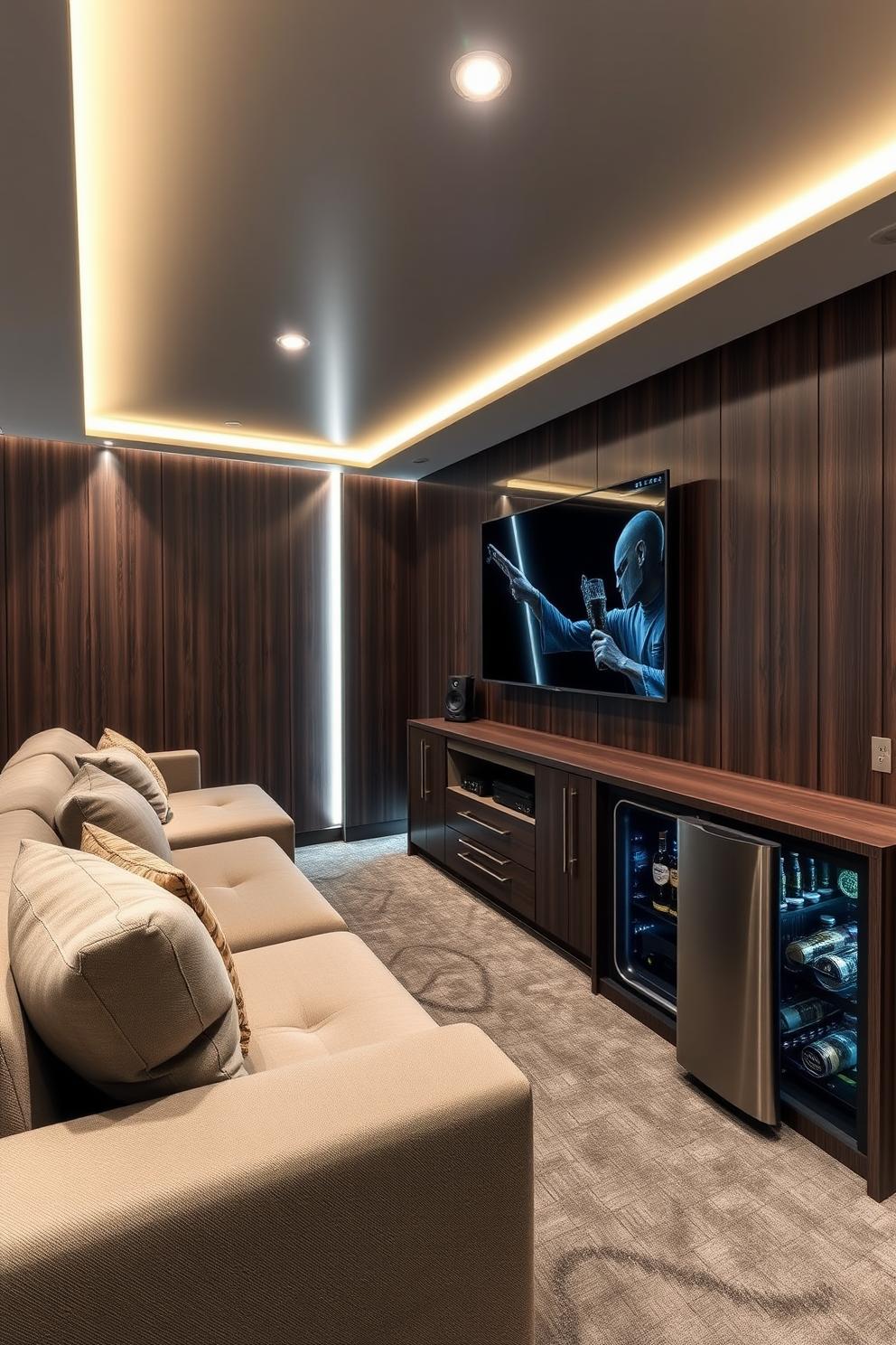 A modern luxury man cave featuring smart home technology for ultimate convenience. The space includes a plush sectional sofa, a large flat-screen TV mounted on the wall, and a state-of-the-art sound system integrated into the room. The walls are adorned with dark wood paneling, creating a cozy yet sophisticated atmosphere. Ambient lighting is strategically placed to enhance the mood, while a sleek mini-bar stocked with premium beverages adds a touch of elegance.