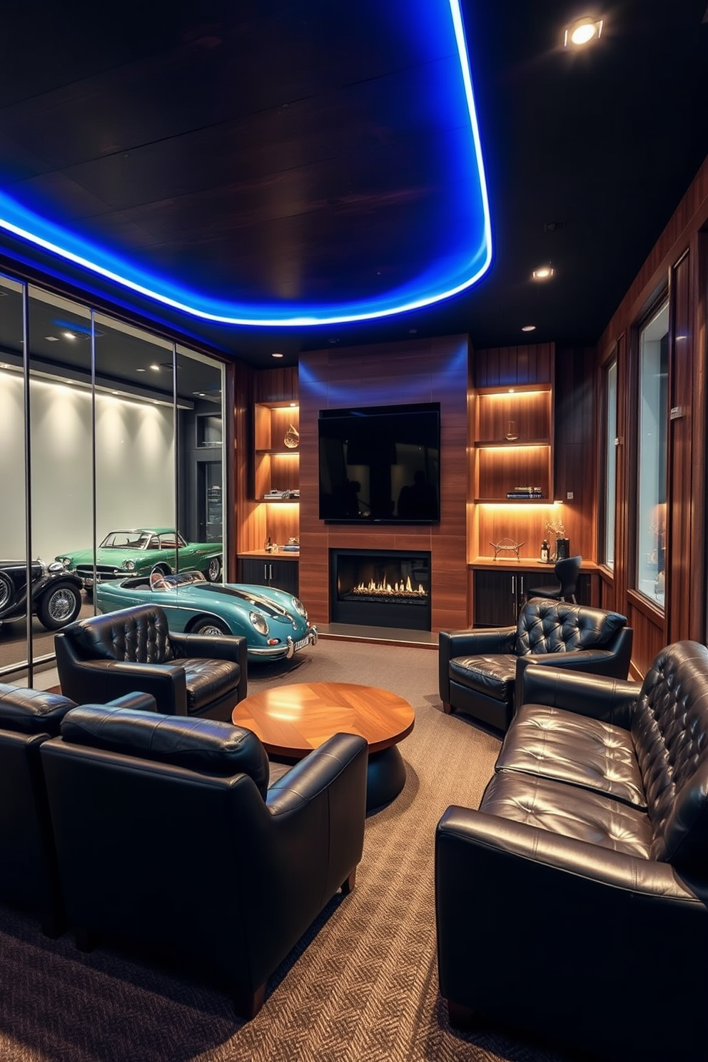 A vintage car display with glass walls showcases an exquisite collection of classic automobiles. The space is illuminated by soft LED lighting that highlights the curves and colors of the cars, creating an elegant atmosphere. Luxury man cave design ideas feature plush leather seating arranged around a custom-built bar. The walls are adorned with rich wood paneling, and a large flat-screen TV is mounted above a modern fireplace, providing the perfect setting for relaxation and entertainment.