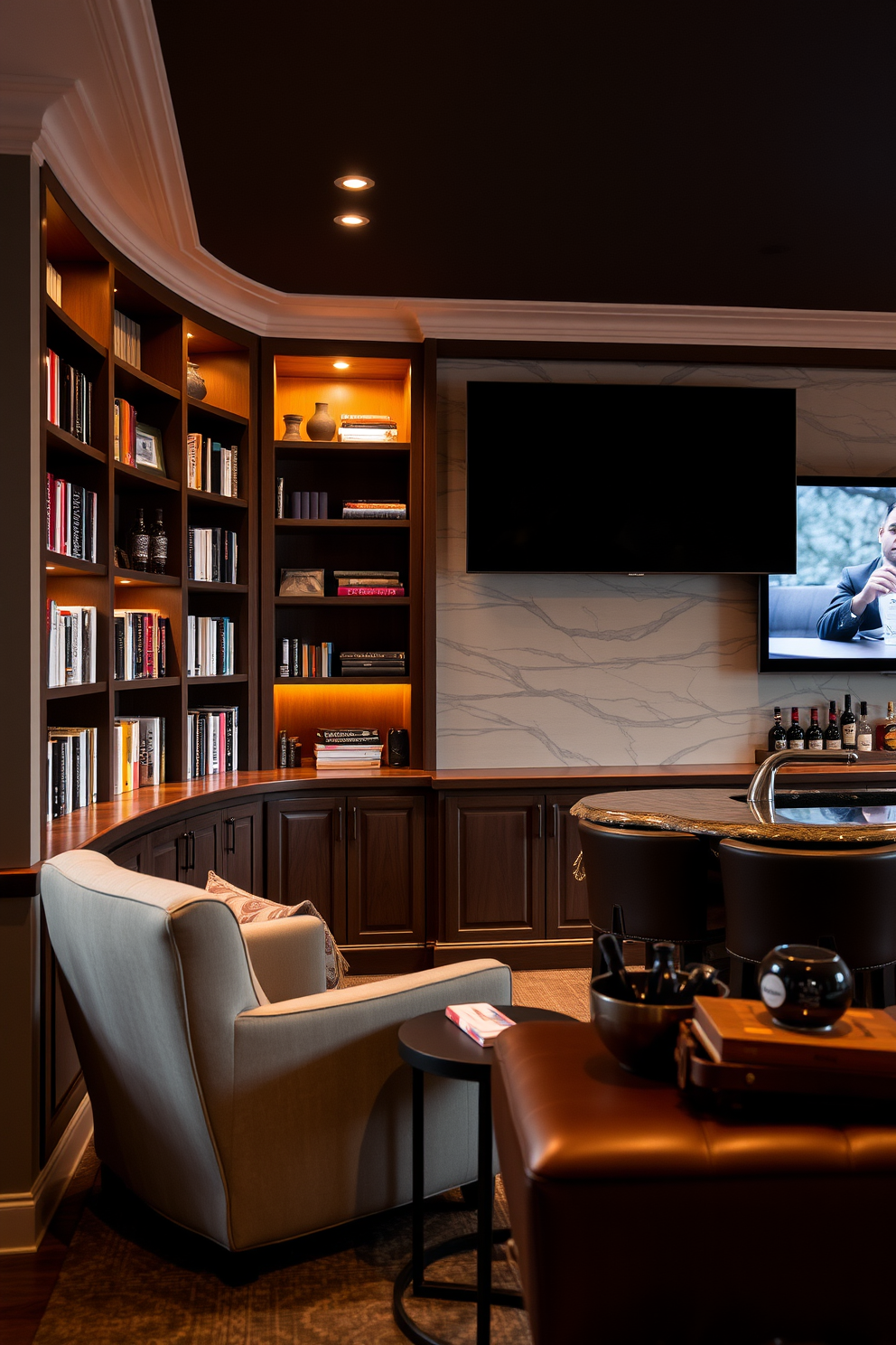 Cozy reading nook with built-in shelves. The nook features a plush armchair in soft fabric, a small side table for books, and warm ambient lighting. Luxury Man Cave Design Ideas. The space includes a leather sectional sofa, a large flat-screen TV mounted on the wall, and a bar area with high stools and a selection of premium spirits.