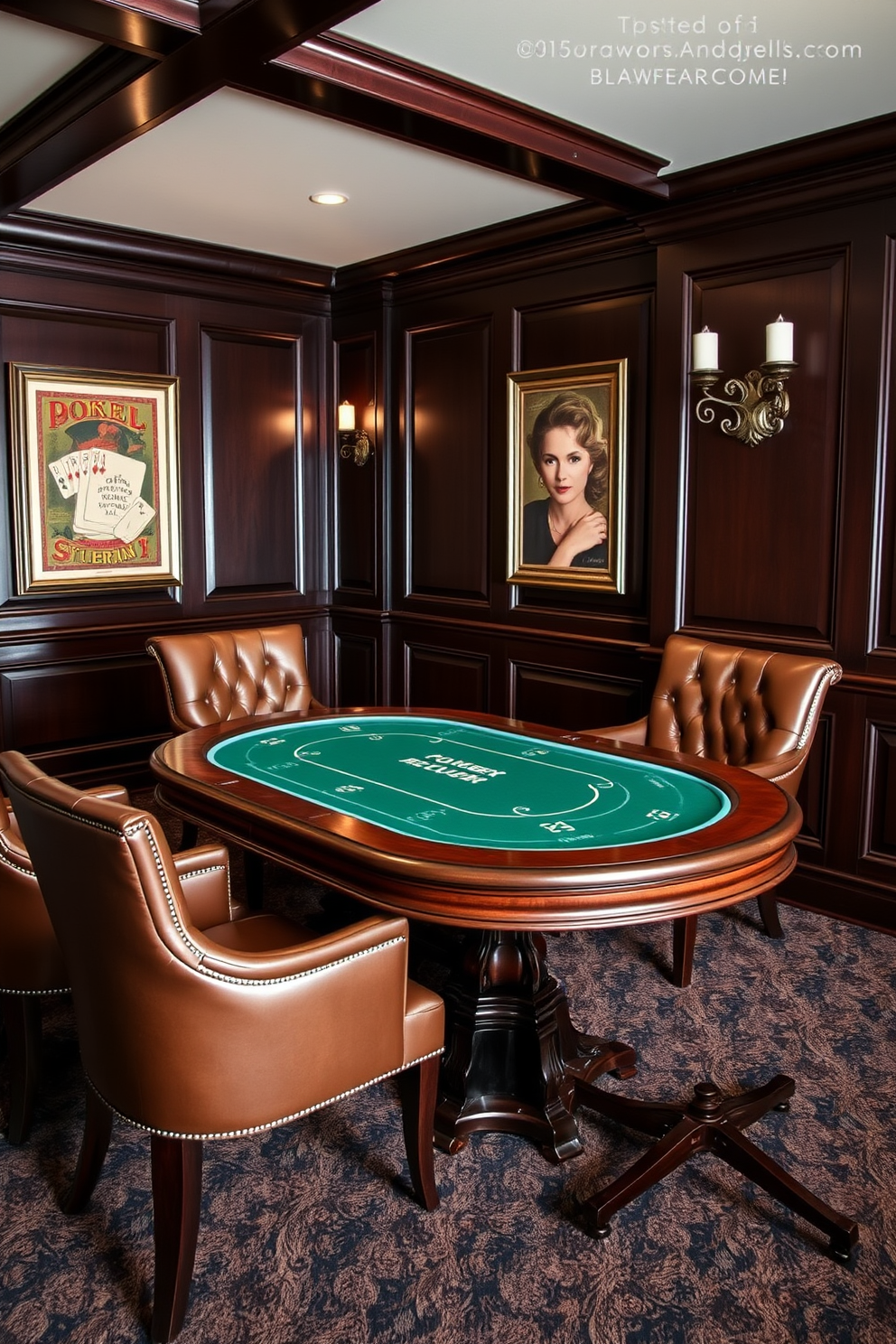 A stylish poker table is the centerpiece of a luxurious game room designed for entertaining. The table features a rich mahogany finish with green felt and is surrounded by plush leather chairs for comfort and elegance. The walls are adorned with dark wood paneling and vintage poker-themed artwork. Ambient lighting from elegant sconces creates a warm and inviting atmosphere perfect for game nights.