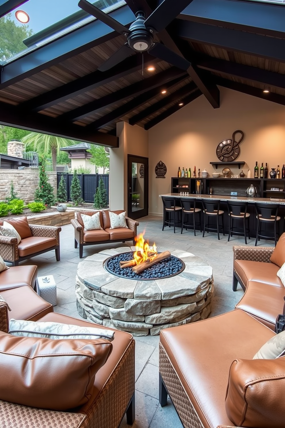 Outdoor patio with fire pit area. The space features a circular stone fire pit surrounded by comfortable seating with plush cushions. Luxury Man Cave Design Ideas. The room includes a large leather sectional sofa, a custom bar with high stools, and wall-mounted shelves displaying collectibles and memorabilia.