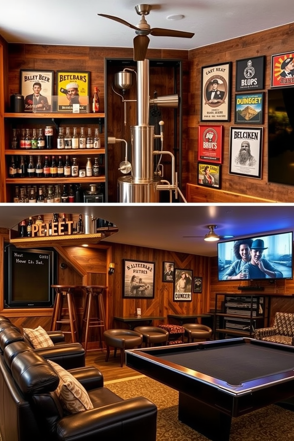 A cozy home brewery designed for craft beer enthusiasts featuring rustic wooden shelves stocked with various brewing equipment and glassware. The walls are adorned with vintage beer posters, and a large wooden bar with high stools invites friends to gather and enjoy freshly brewed beers. A luxury man cave designed for relaxation and entertainment showcasing plush leather seating and a state-of-the-art home theater system. The space is illuminated by soft ambient lighting, and a stylish pool table adds a touch of fun to the sophisticated atmosphere.