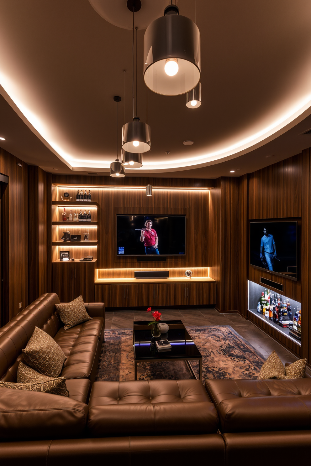 Custom lighting to set the mood in a luxury man cave features sleek pendant lights suspended from the ceiling, casting a warm glow across the space. Soft LED strips line the shelves and backlighting creates an inviting atmosphere while highlighting the room's design elements. The design includes a plush leather sectional sofa positioned around a contemporary coffee table. A state-of-the-art entertainment system is integrated into the wall, complemented by rich wood paneling and a stylish bar area stocked with premium spirits.