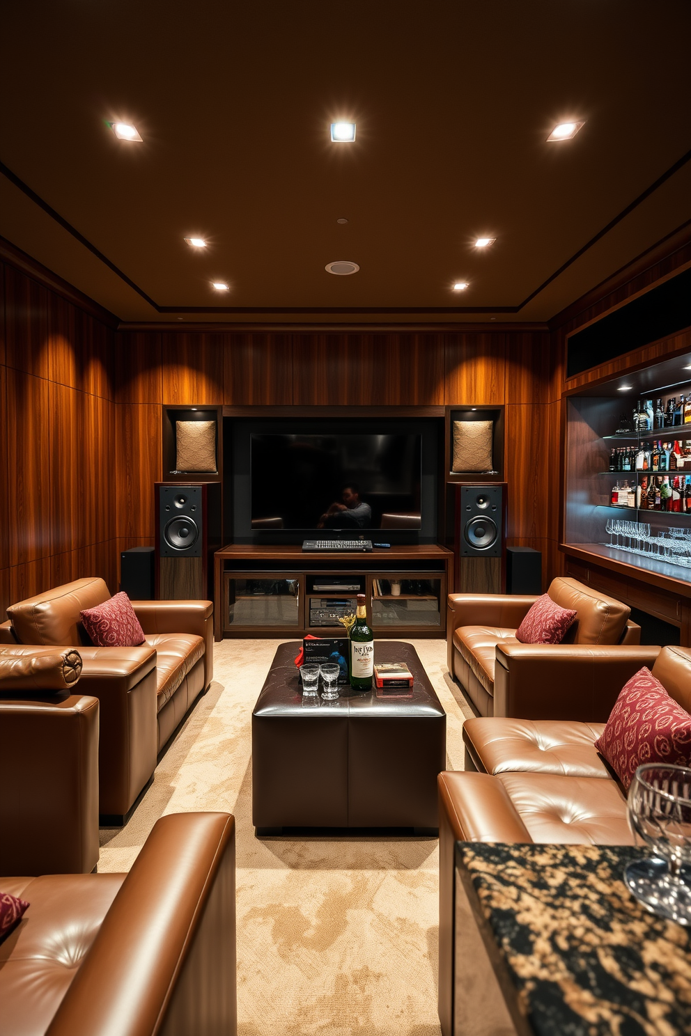 A high-end sound system is seamlessly integrated into a luxury man cave. The room features plush leather seating arranged around a state-of-the-art entertainment center with sleek speakers and a large flat-screen TV. Rich wood paneling lines the walls, creating a warm and inviting atmosphere. Ambient lighting highlights the sophisticated decor, including a stylish bar area stocked with premium spirits and elegant glassware.