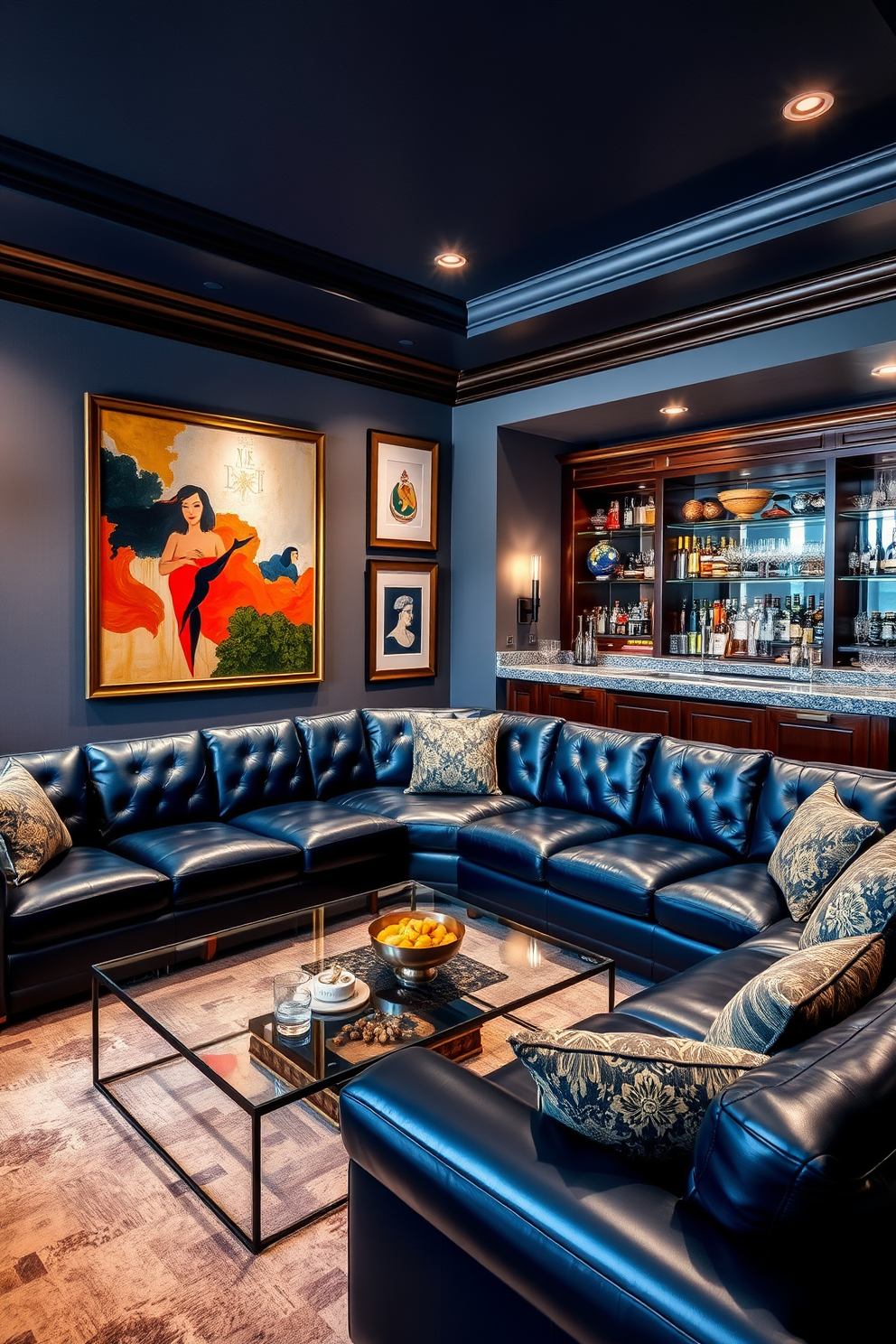 A luxury man cave featuring a plush leather sectional in deep navy blue positioned around a sleek glass coffee table. The walls are adorned with unique artwork, including a large abstract painting and framed vintage sports memorabilia, creating a dynamic visual appeal. In one corner, a custom-built bar with rich mahogany finishes holds an array of premium spirits and glassware. Soft ambient lighting from stylish sconces casts a warm glow, enhancing the inviting atmosphere of the space.