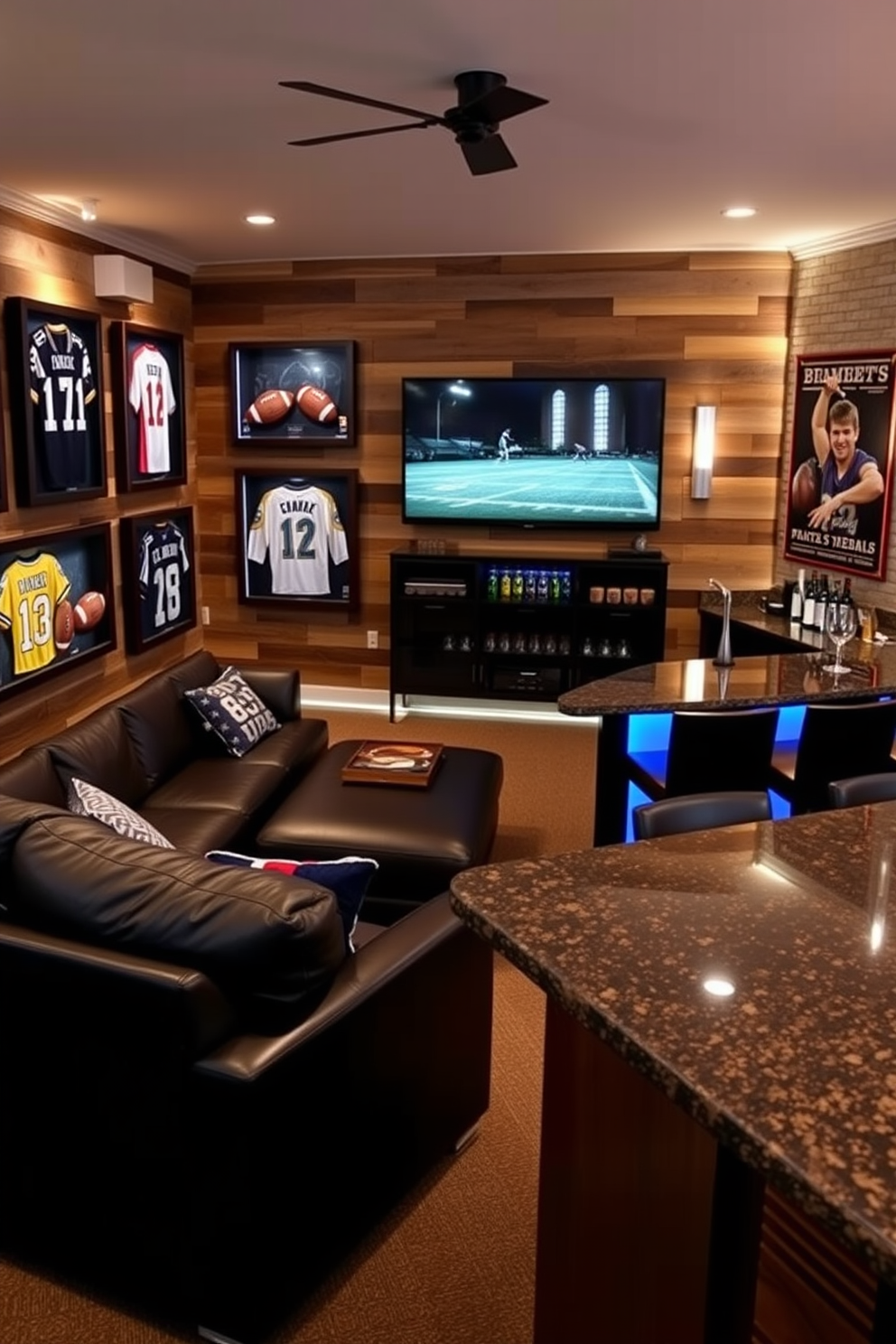 A luxury man cave designed with a sports theme features a plush sectional sofa in dark leather facing a large flat-screen television mounted on a reclaimed wood wall. The room is accented with memorabilia from favorite teams, including framed jerseys and signed footballs displayed in shadow boxes. Incorporate a stylish bar area with high-top stools and a polished granite countertop, stocked with premium spirits and glassware. Ambient lighting highlights the space, with LED strips under the bar and soft sconces illuminating the walls adorned with vintage sports posters.