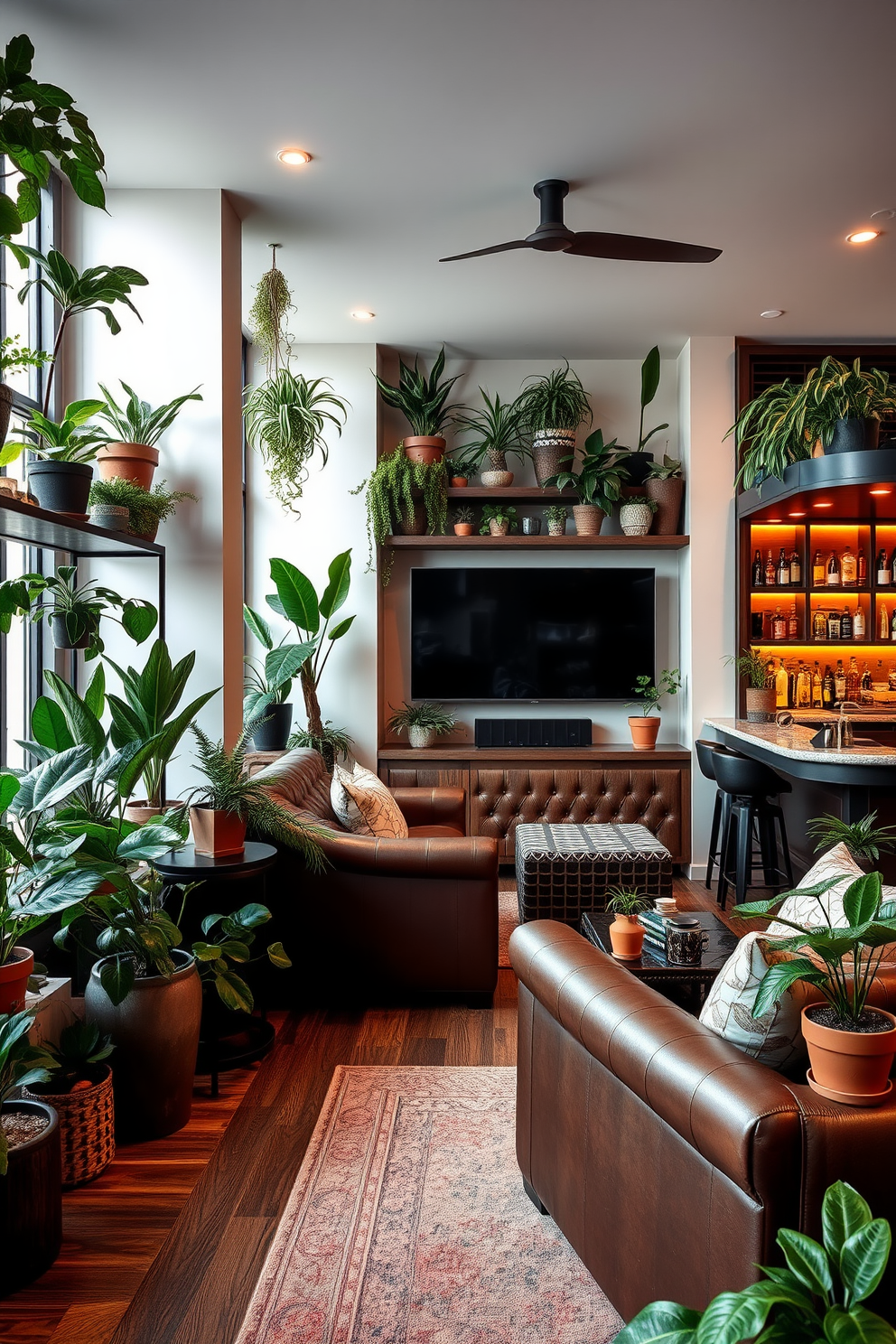 A cozy indoor space filled with various indoor plants that bring a fresh and vibrant atmosphere. The plants are arranged in stylish pots on shelves and tables, creating a lush and inviting environment. A luxury man cave designed for relaxation and entertainment. The space features a plush leather sofa, a large flat-screen TV, and a well-stocked bar with high-end finishes and ambient lighting.