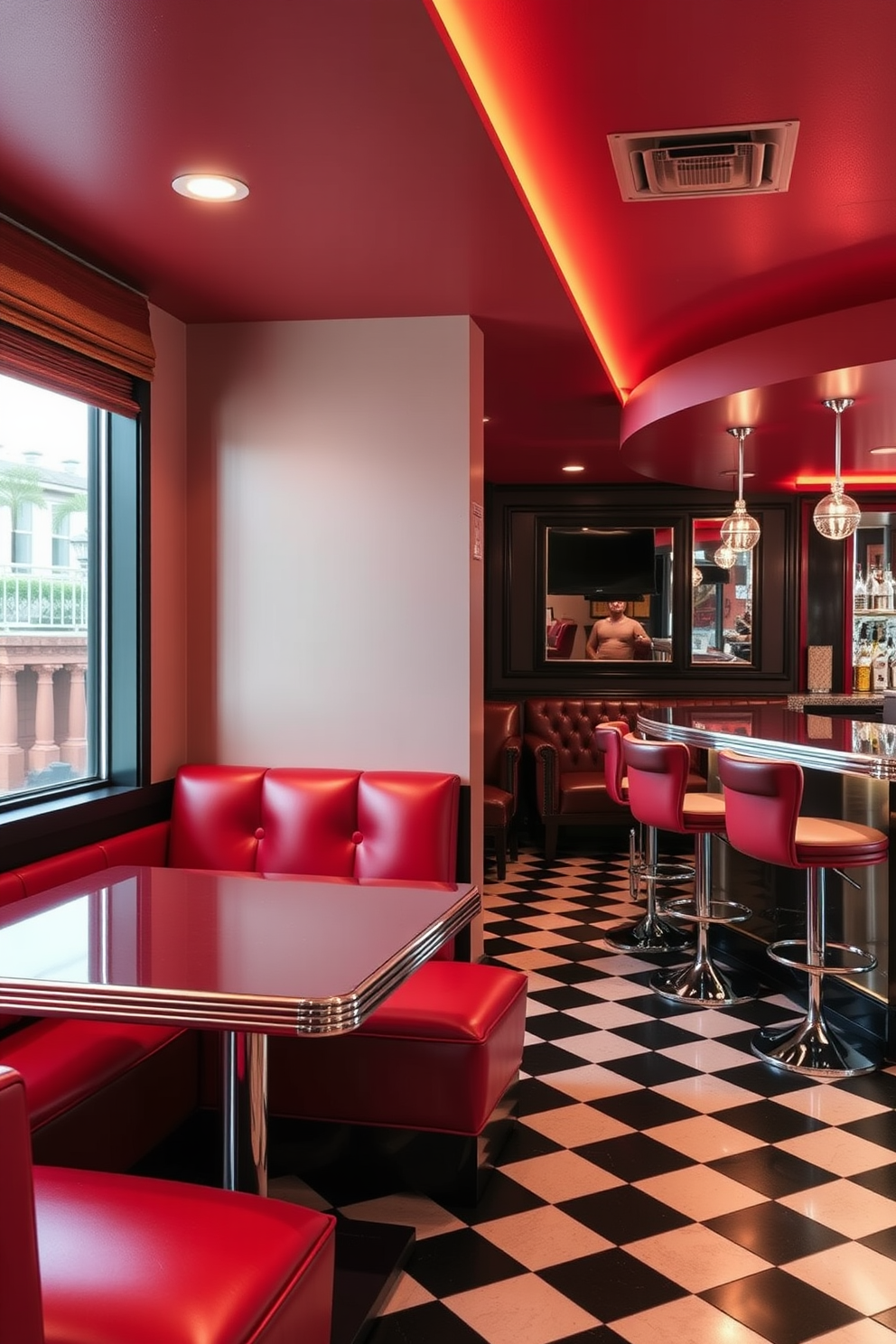 Retro diner-style seating for fun vibes. The booth features bright red vinyl upholstery with chrome accents and a classic checkered floor. Luxury man cave design ideas. The space includes a plush leather sectional, a custom bar with high stools, and ambient lighting that creates a cozy atmosphere.