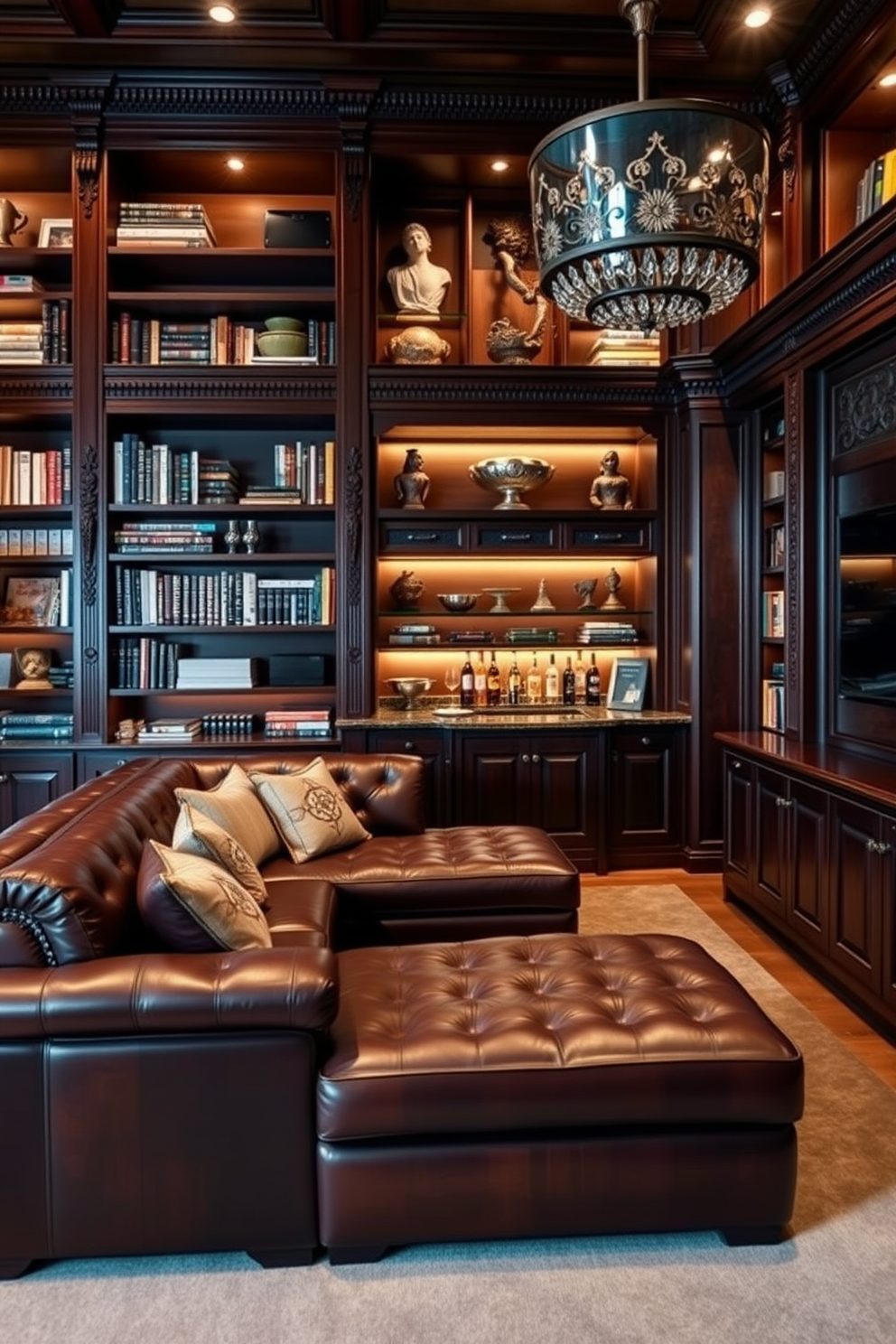 Custom shelving for books and collectibles. The shelves are made of rich mahogany wood with intricate carvings, showcasing a mix of books and unique decorative items. Luxury Man Cave Design Ideas. The space features a plush leather sectional sofa, a custom-built bar with elegant lighting, and a large screen for entertainment, all accented by dark wood paneling and soft ambient lighting.