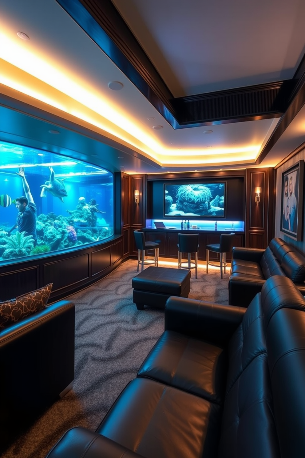 A luxury man cave featuring an integrated aquarium that creates a calming atmosphere. The space includes plush leather seating, a sleek bar area, and ambient lighting that enhances the tranquil vibe. The walls are adorned with dark wood paneling and rich artwork, providing a sophisticated backdrop. A large screen for entertainment is positioned above the bar, ensuring a perfect spot for relaxation and enjoyment.