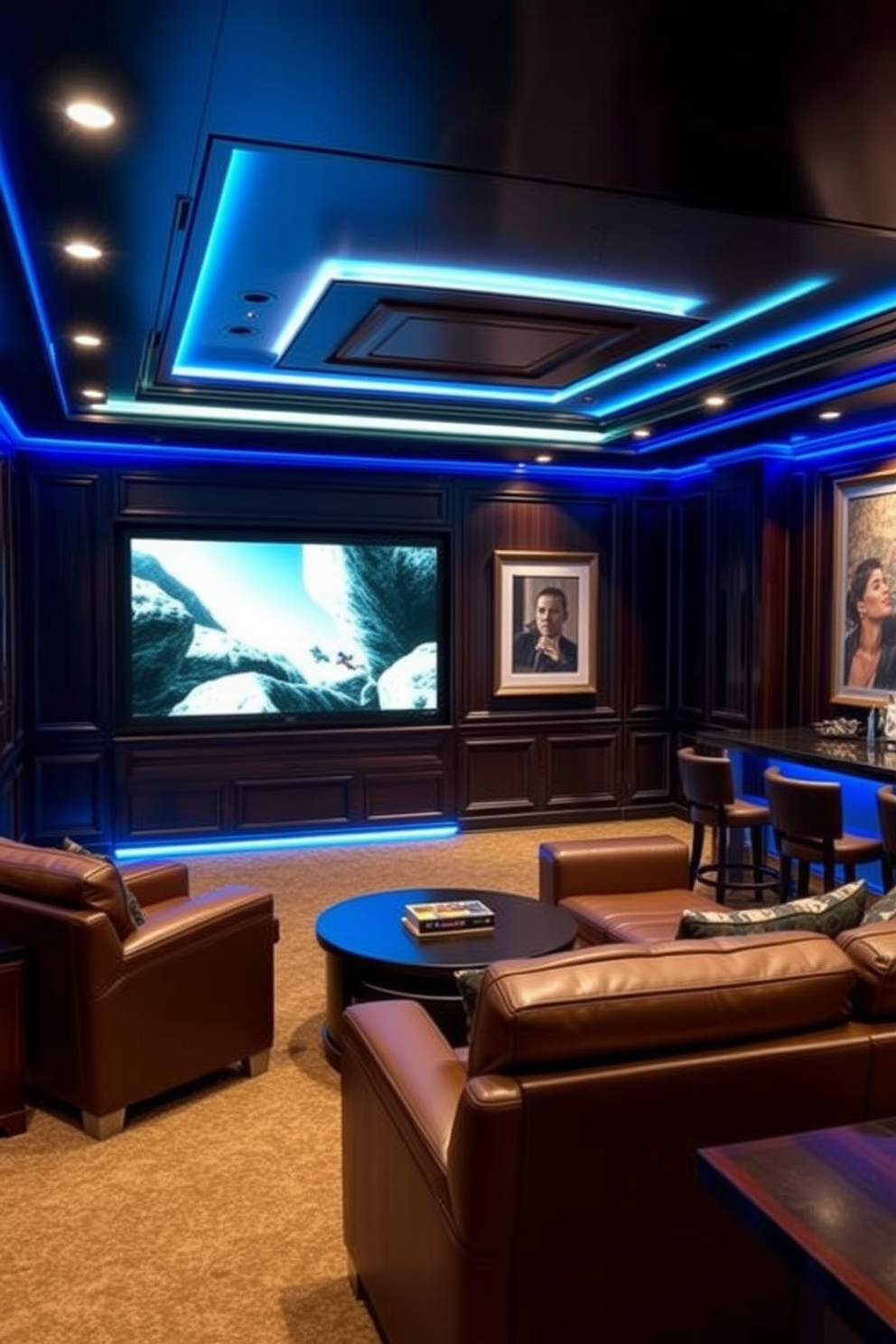 A luxurious man cave featuring smart lighting that adjusts to create the perfect ambiance. The space includes plush leather seating, a large flat-screen TV, and a stylish bar area with high-end finishes. The walls are adorned with dark wood paneling and framed art pieces, enhancing the sophisticated atmosphere. Ambient LED lights are strategically placed to highlight the room's features and set the mood for relaxation or entertainment.