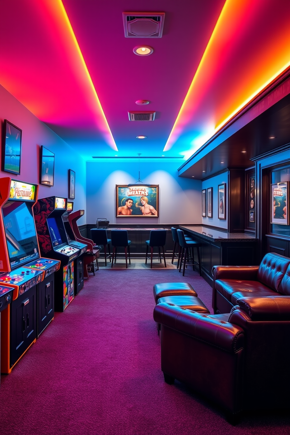 A vibrant game room featuring vintage arcade machines lined against one wall. The floor is covered with a plush carpet, and colorful neon lights illuminate the space, creating an energetic atmosphere. The luxury man cave is designed with rich leather seating and a custom-built bar area. Dark wooden accents complement the sophisticated decor, while framed sports memorabilia adorns the walls.