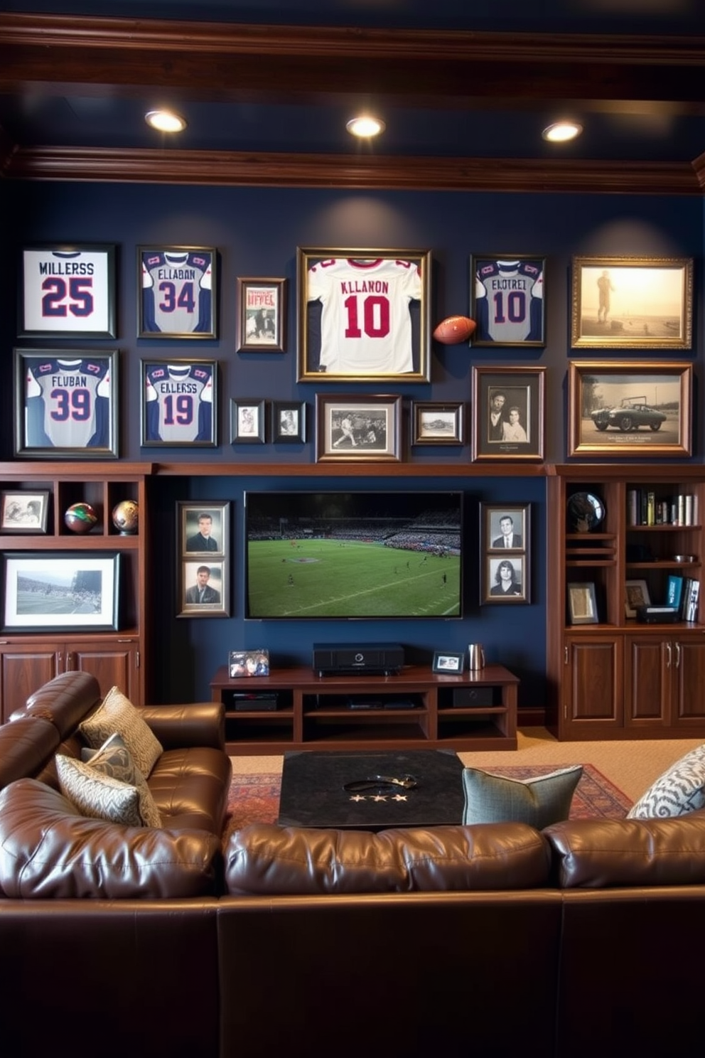 A sports memorabilia display wall featuring framed jerseys, signed footballs, and vintage photographs arranged in an eye-catching layout. The wall is painted in a deep navy blue, complemented by warm wooden shelves and spotlights that highlight each piece. Luxury man cave design ideas include a plush leather sectional sofa facing a large flat-screen TV, surrounded by custom-built cabinetry for games and collectibles. Rich dark wood finishes and ambient lighting create a cozy yet sophisticated atmosphere perfect for entertaining friends.