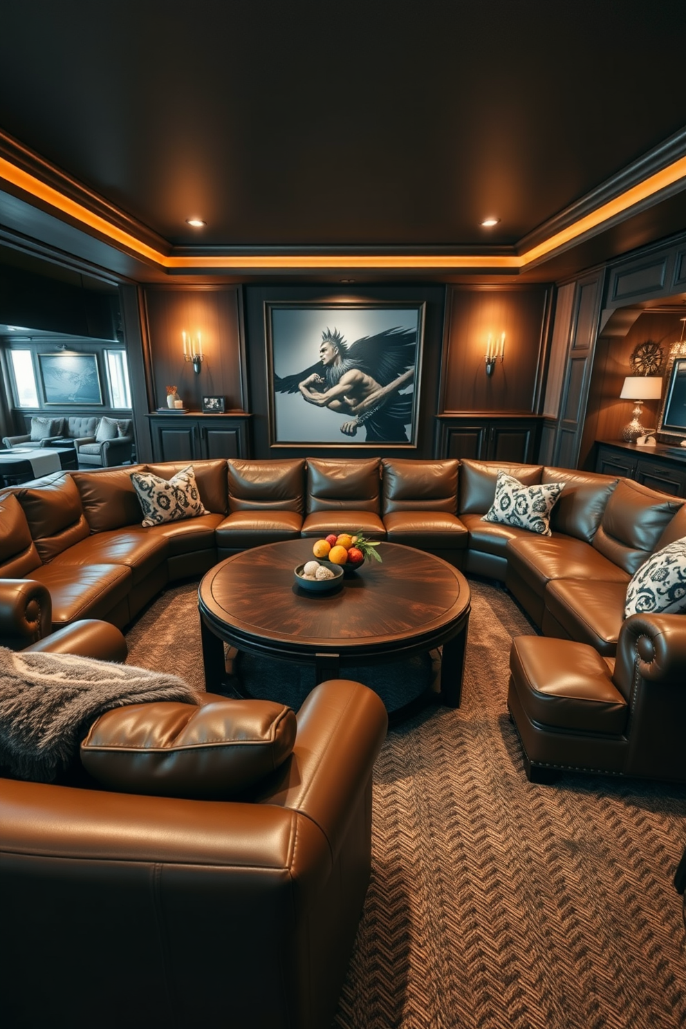 A luxurious man cave featuring a spacious leather sectional that invites relaxation and comfort. In the center, an oversized coffee table anchors the space, surrounded by rich textures and ambient lighting.