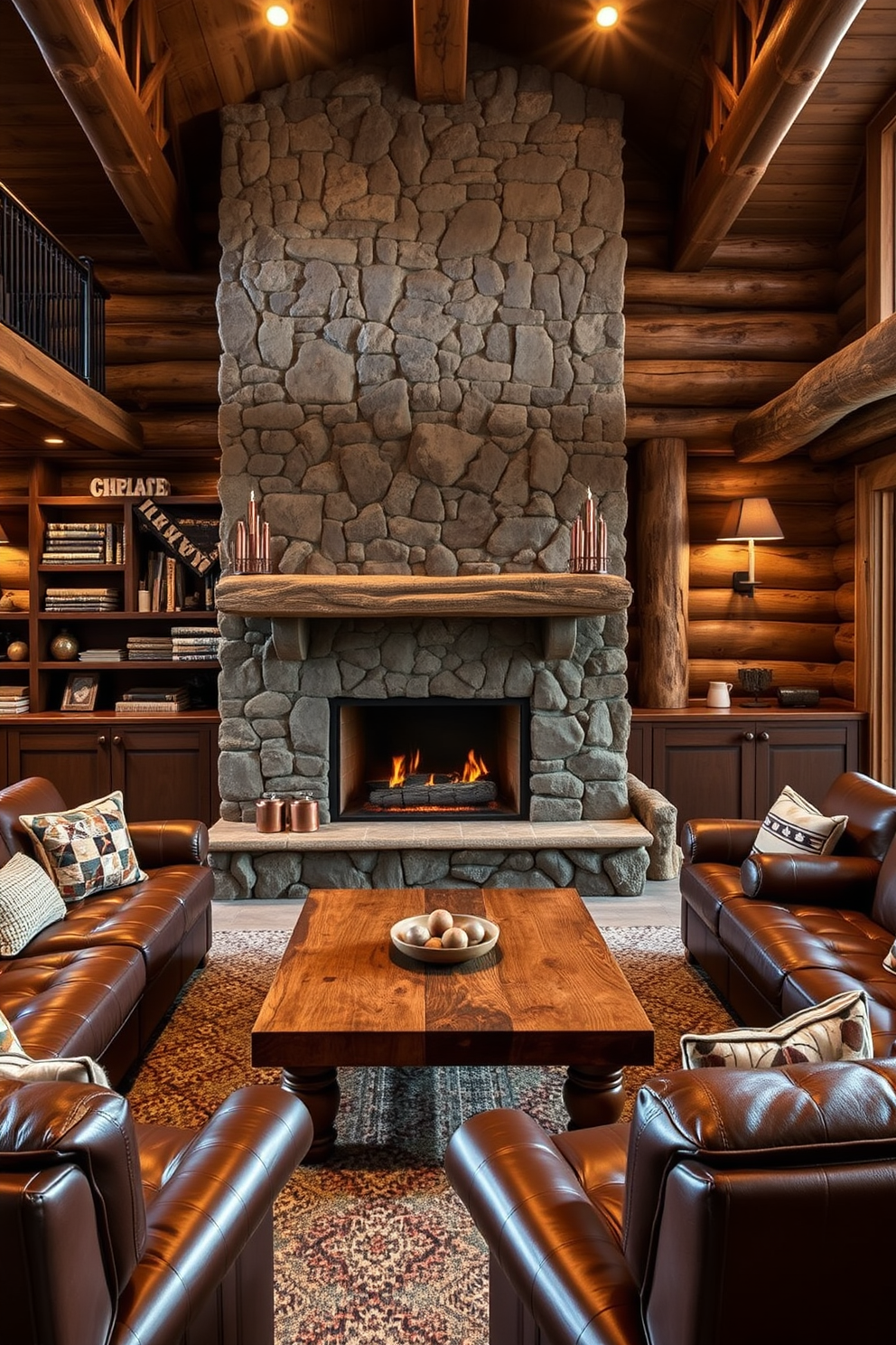 A luxury man cave featuring rustic wood accents and a large stone fireplace that serves as the focal point of the room. The space is adorned with plush leather seating, a reclaimed wood coffee table, and warm ambient lighting to create a cozy atmosphere.