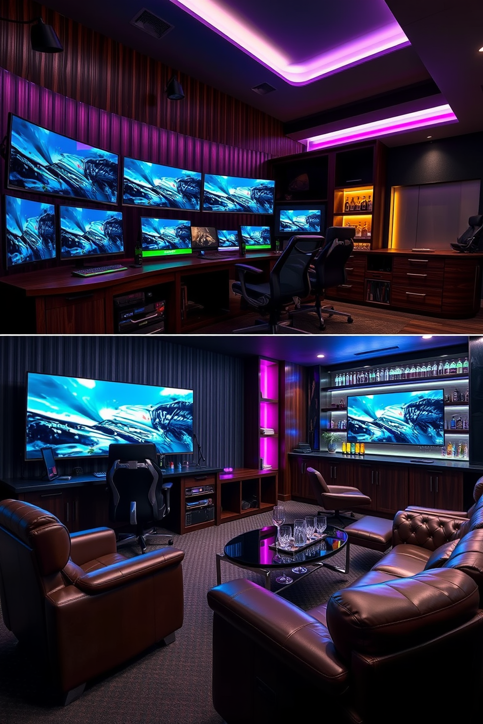 A high-end gaming setup featuring multiple screens arranged in an immersive curved configuration. The desk is made of dark wood with RGB lighting accents, and ergonomic gaming chairs are positioned for comfort. A luxury man cave designed for relaxation and entertainment. It includes plush leather seating, a large flat-screen TV, and a fully stocked bar with stylish glassware and ambient lighting.