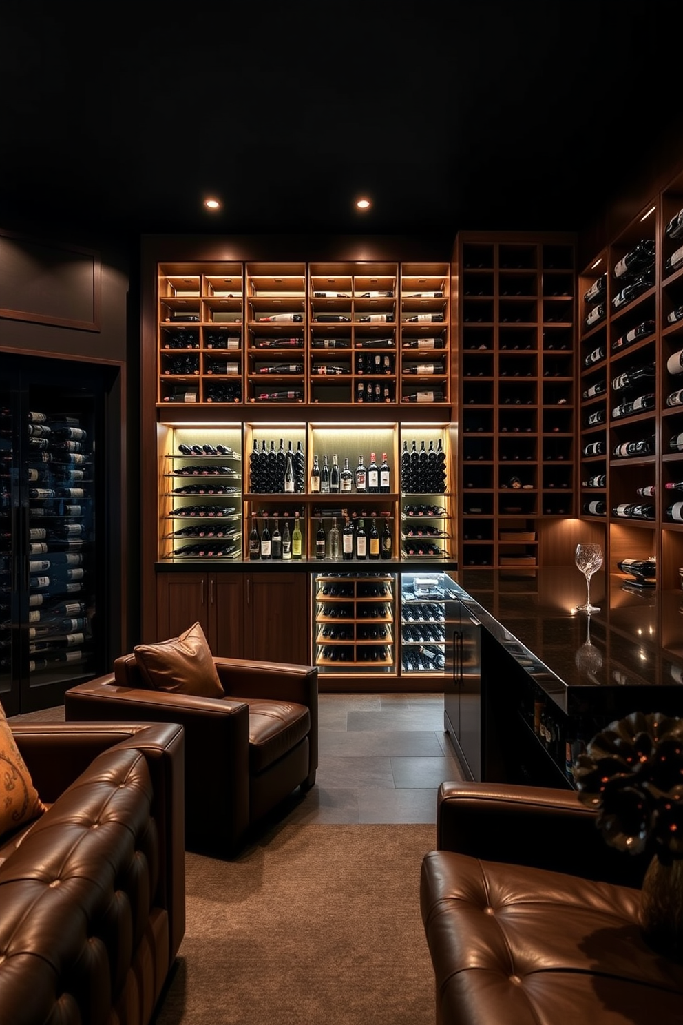 A luxurious wine cellar seamlessly integrated into the man cave features custom wooden wine racks displaying an impressive collection of fine wines. The space is accented with ambient lighting that highlights the rich textures of the wood and the elegant bottles. The man cave is designed with plush leather seating and a sleek bar area that complements the wine cellar. Dark, moody colors create a sophisticated atmosphere, perfect for entertaining guests or enjoying a quiet evening.