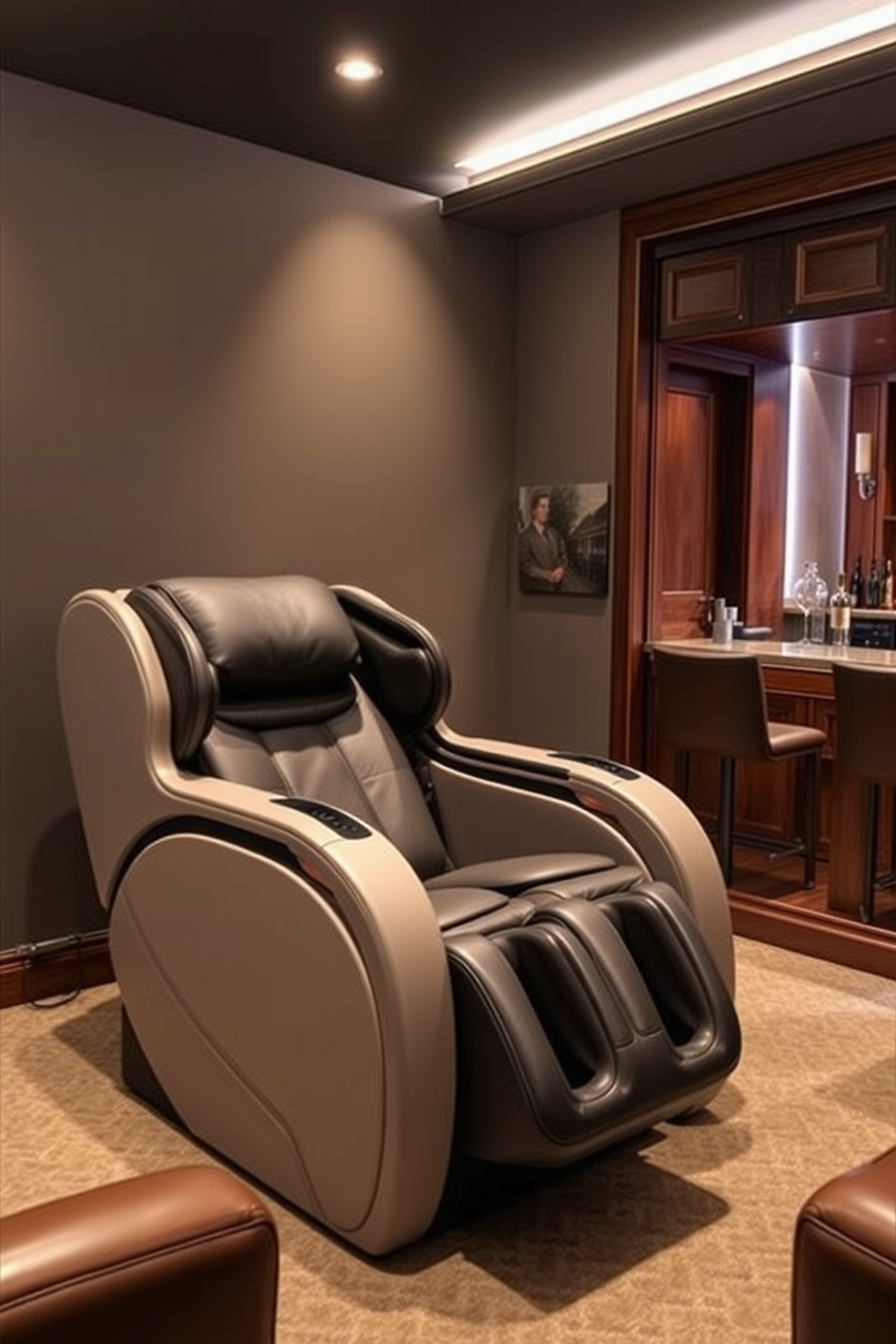 A luxurious massage chair designed for ultimate relaxation features plush upholstery and ergonomic support. The chair is positioned in a serene corner of the room, surrounded by soft lighting and calming decor. For the luxury man cave design, envision a space that combines comfort and style with leather seating, a custom bar, and state-of-the-art entertainment systems. Rich wood accents and deep colors create an inviting atmosphere perfect for unwinding or hosting friends.