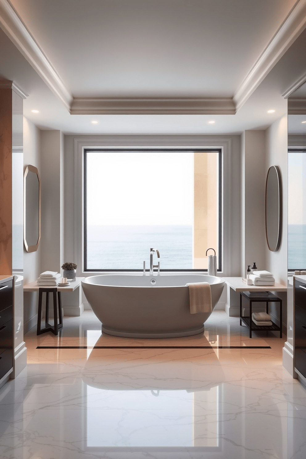 A luxurious master bathroom features a freestanding soaking tub positioned by a large window, offering a stunning view of the ocean. The tub is surrounded by elegant marble flooring and soft, ambient lighting that creates a serene atmosphere. The walls are adorned with soft, neutral tones, enhancing the calming effect of the space. Plush towels and high-end bath accessories are neatly arranged nearby, adding to the overall sophistication of the design.