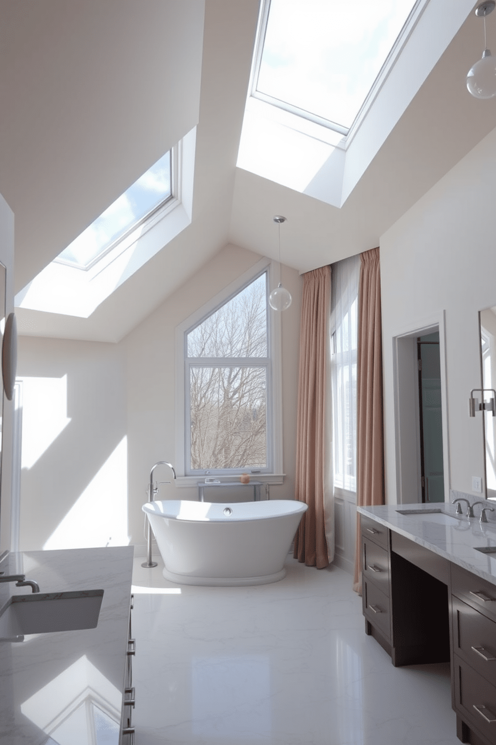 A luxury master bathroom filled with natural light streaming through large skylights. The space features a freestanding soaking tub positioned under the windows, complemented by elegant floor-to-ceiling drapes. The walls are adorned with soft, neutral tones, enhancing the airy feel of the room. A double vanity with a sleek marble countertop and stylish fixtures adds a touch of sophistication.