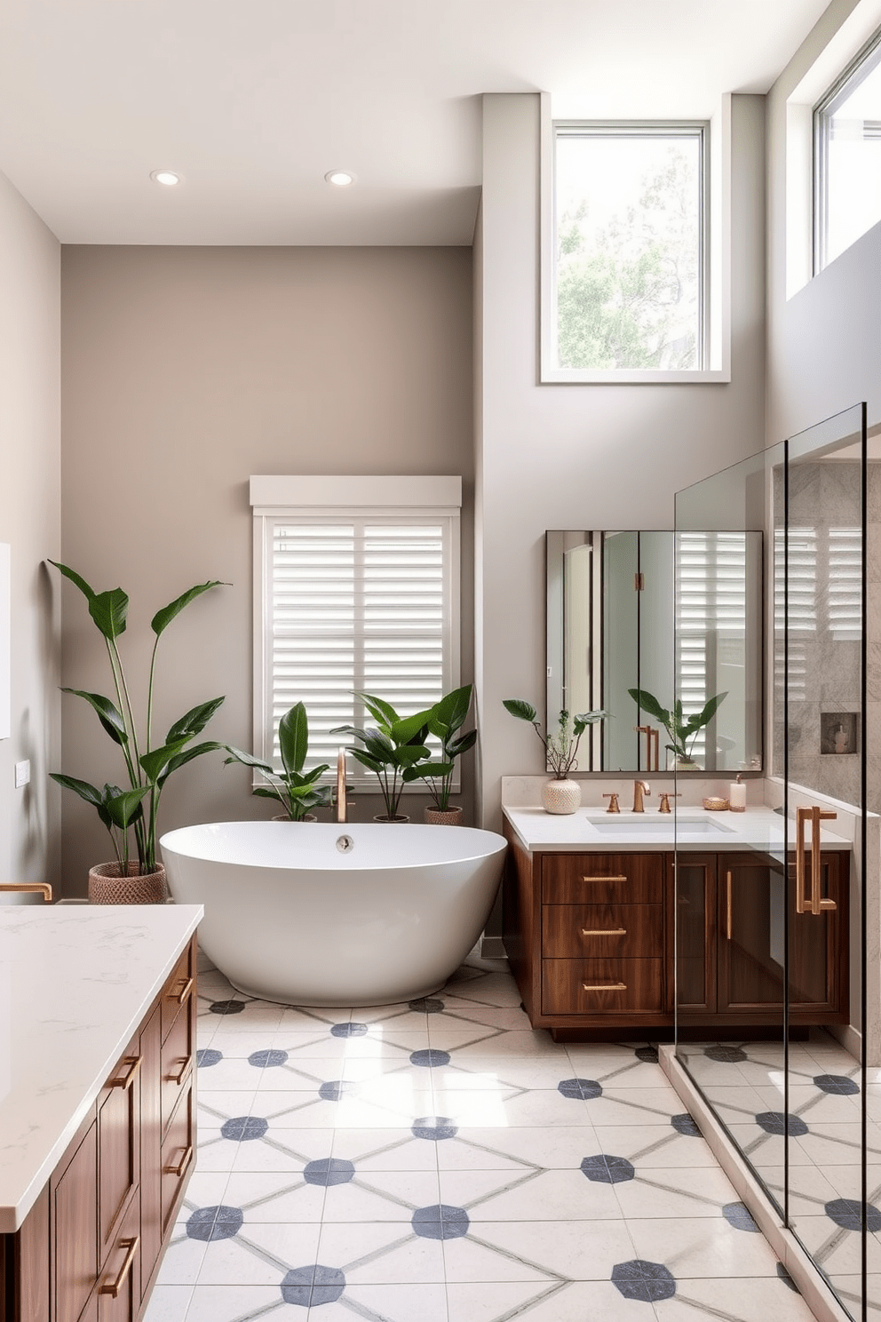 A luxury master bathroom featuring a neutral color palette accented with bold colors. The space includes a freestanding soaking tub positioned under a large window, surrounded by elegant potted plants. The double vanity is crafted from rich wood with a sleek white countertop, complemented by modern gold fixtures. A spacious walk-in shower with frameless glass doors showcases stunning tile work in a striking geometric pattern.