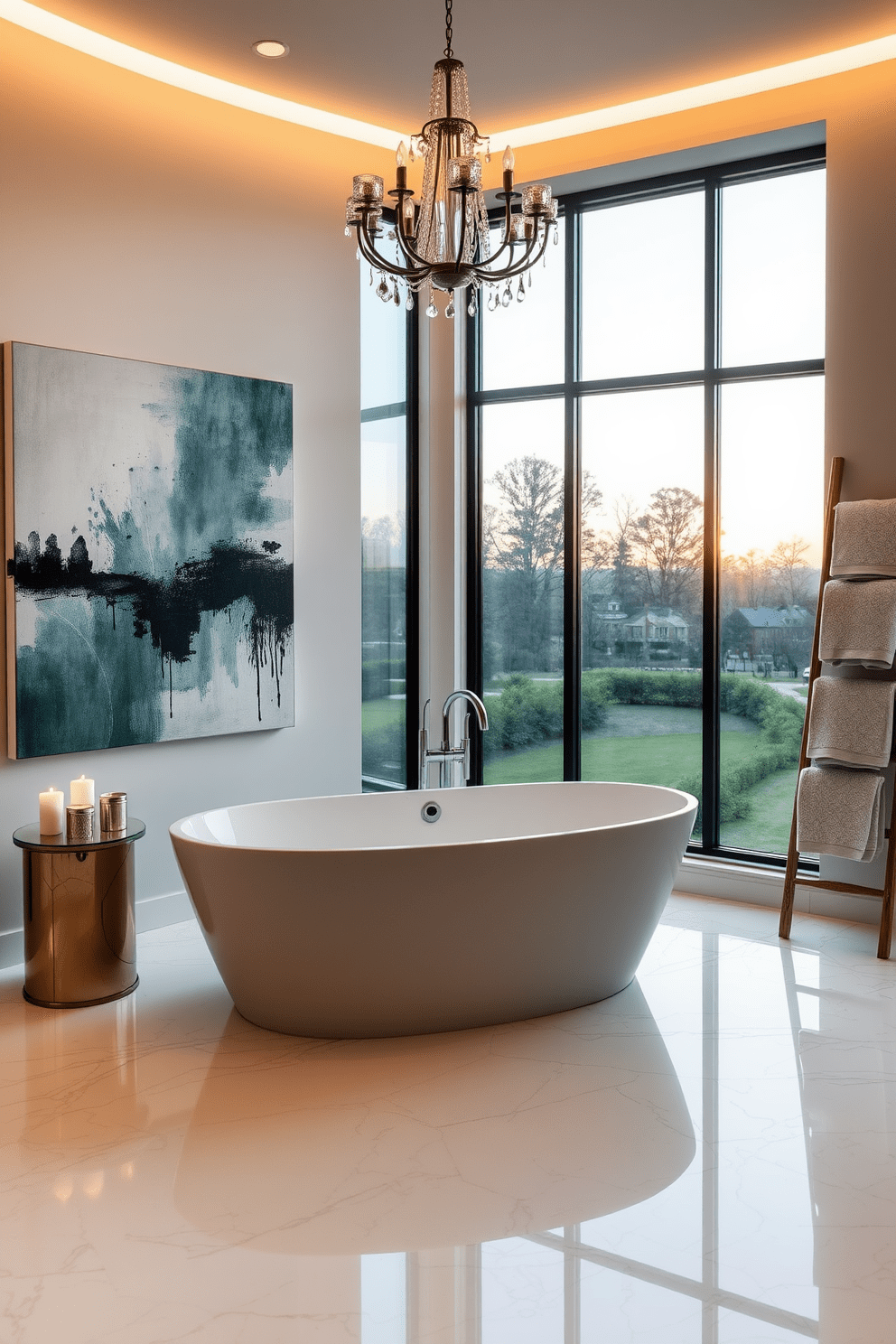 A luxury master bathroom featuring a freestanding soaking tub positioned under a large window that offers a view of the serene landscape outside. The space is adorned with elegant marble flooring and soft ambient lighting that creates a tranquil atmosphere. Incorporate unique artwork on the walls, such as a large abstract painting that complements the color palette of the room. Add personal touches with decorative items like scented candles and plush towels displayed on a stylish ladder.