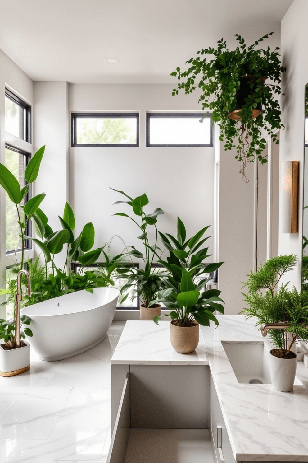 A serene luxury master bathroom featuring lush indoor plants strategically placed for a fresh and vibrant atmosphere. The space includes a freestanding soaking tub surrounded by greenery, with large windows allowing natural light to illuminate the room. The vanity is adorned with elegant fixtures and a sleek marble countertop, complemented by stylish planters filled with various houseplants. Soft, neutral colors dominate the design, creating a calming retreat that seamlessly blends nature with sophistication.