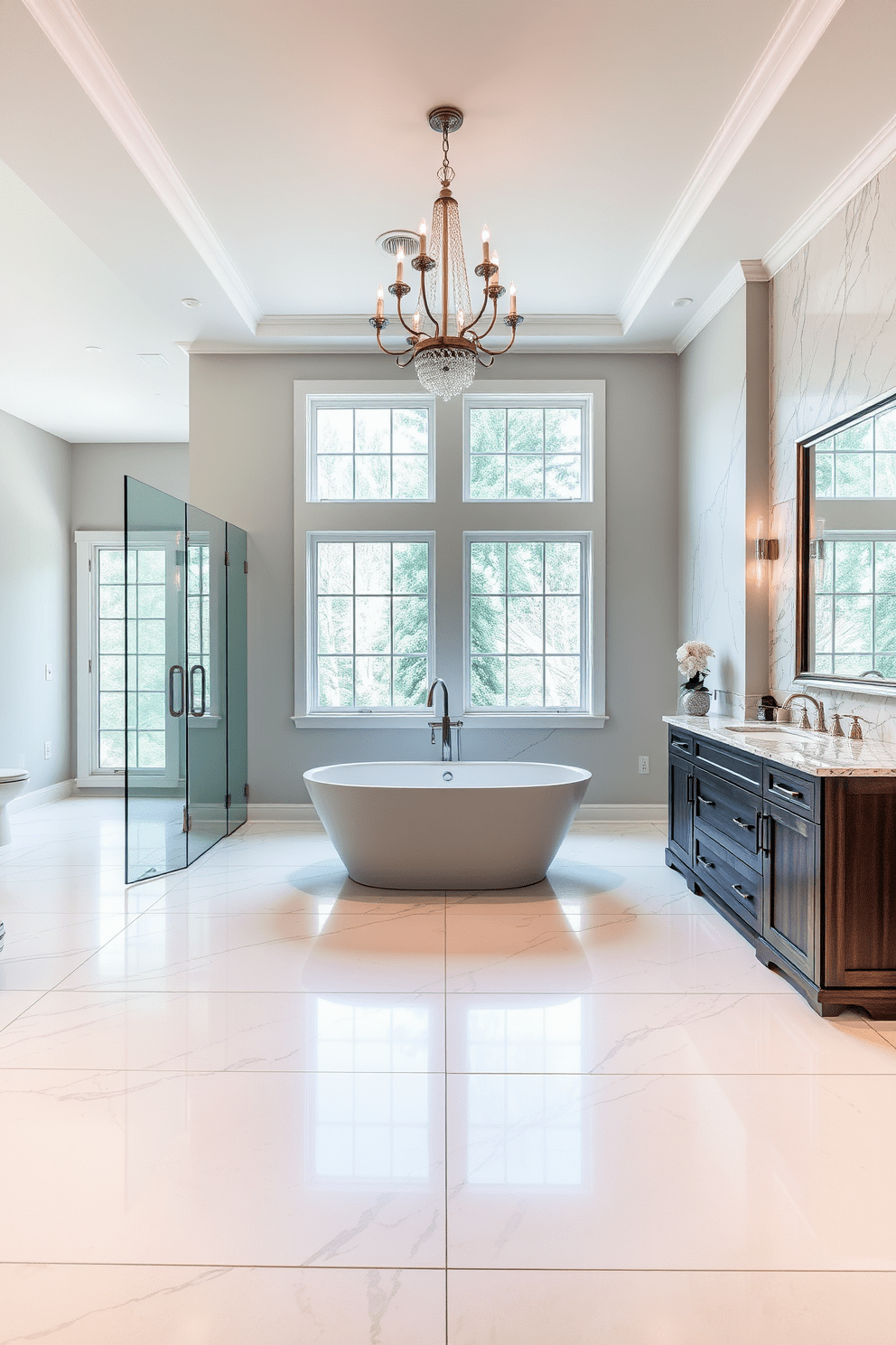 A luxury master bathroom featuring large format tiles that create a seamless design. The space showcases a freestanding soaking tub centered under a large window, with elegant fixtures and a chic chandelier above. The large format tiles extend from the floor to the walls, enhancing the feeling of spaciousness. A double vanity with sleek cabinetry and a stunning marble backsplash complements the overall aesthetic.