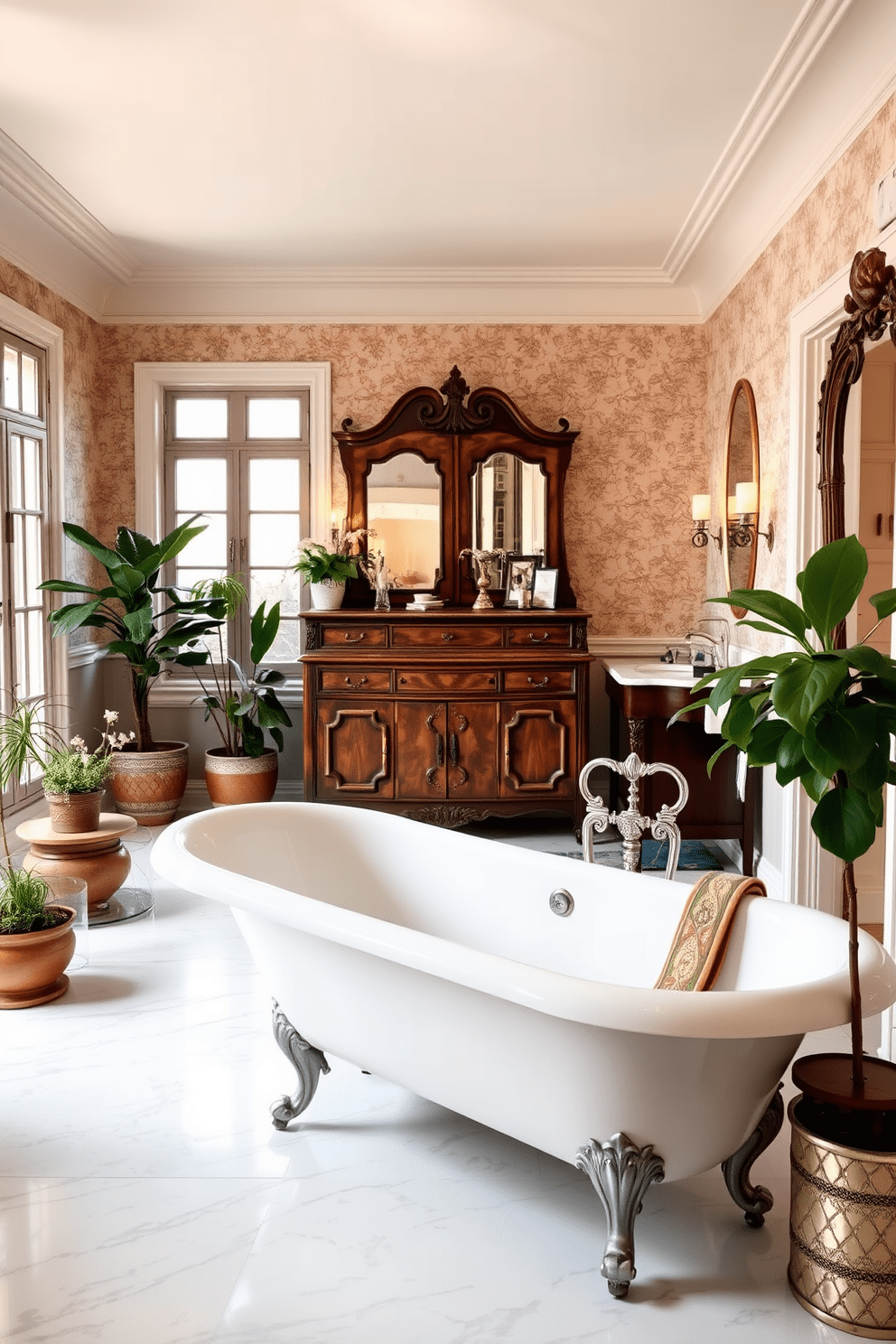 A spacious luxury master bathroom featuring vintage furniture pieces that add character. The room includes an ornate freestanding bathtub with claw feet, surrounded by elegant potted plants and soft lighting. A vintage wooden dresser serves as a unique storage solution, topped with decorative items and candles. The walls are adorned with classic wallpaper, and the flooring features polished marble tiles for a touch of sophistication.