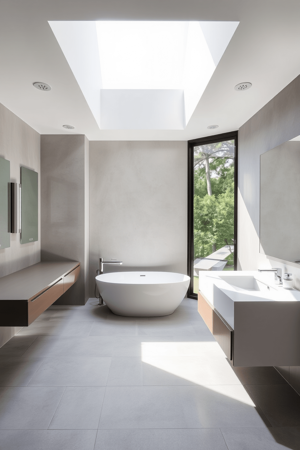 Sleek minimalist design with clean lines defines this luxury master bathroom. The space features a freestanding soaking tub centered under a large window, with natural light streaming in to highlight the elegant simplicity of the design. A floating vanity with a solid surface countertop complements the understated aesthetic. Large format tiles in a soft gray tone cover the walls and floor, creating a seamless and tranquil atmosphere.