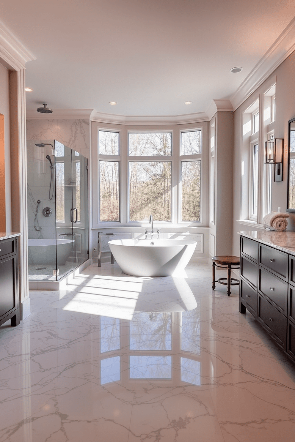 A luxurious master bathroom featuring elegant marble floors with radiant heating that provides warmth and comfort underfoot. The space includes a freestanding soaking tub surrounded by large windows, allowing natural light to flood in and enhance the serene atmosphere. The walk-in shower is enclosed with glass and boasts a rainfall showerhead, complemented by stylish fixtures. Soft ambient lighting illuminates the room, highlighting the exquisite details of the cabinetry and the plush towels neatly arranged nearby.