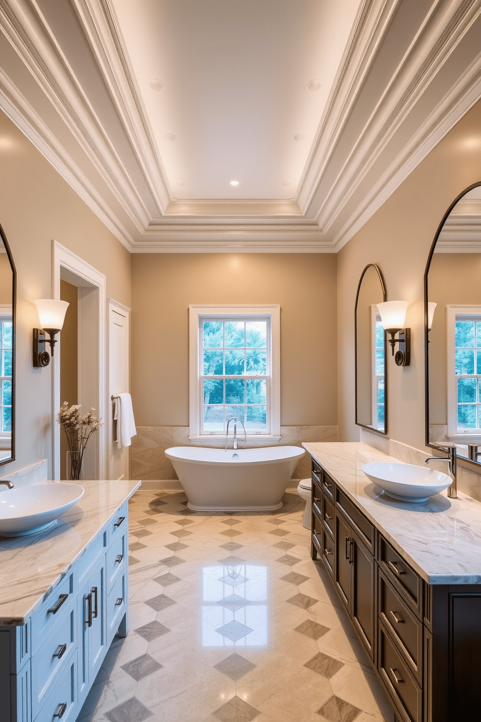 A luxury master bathroom featuring elegant crown molding that enhances the room's sophistication. The space includes a freestanding soaking tub positioned beneath a large window, allowing natural light to flood the area. The dual vanities are topped with exquisite quartz countertops, each paired with stylish vessel sinks. Soft ambient lighting illuminates the space, highlighting the intricate tile work on the floor and the tasteful decor.