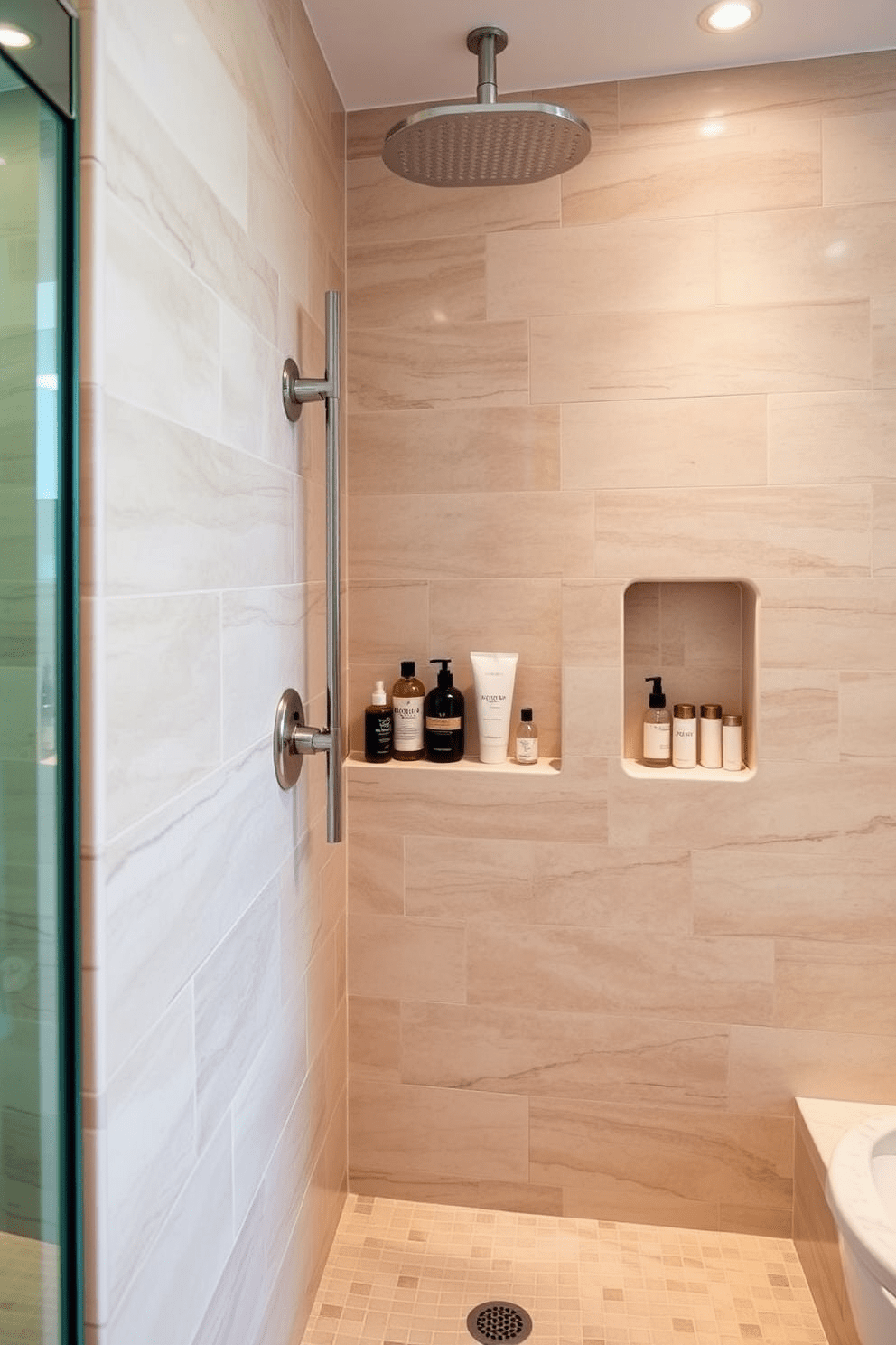 A luxury master bathroom features custom shower niches seamlessly integrated into the tiled walls. The niches are designed to hold an array of toiletries, creating a clean and organized look while enhancing the overall elegance of the space.