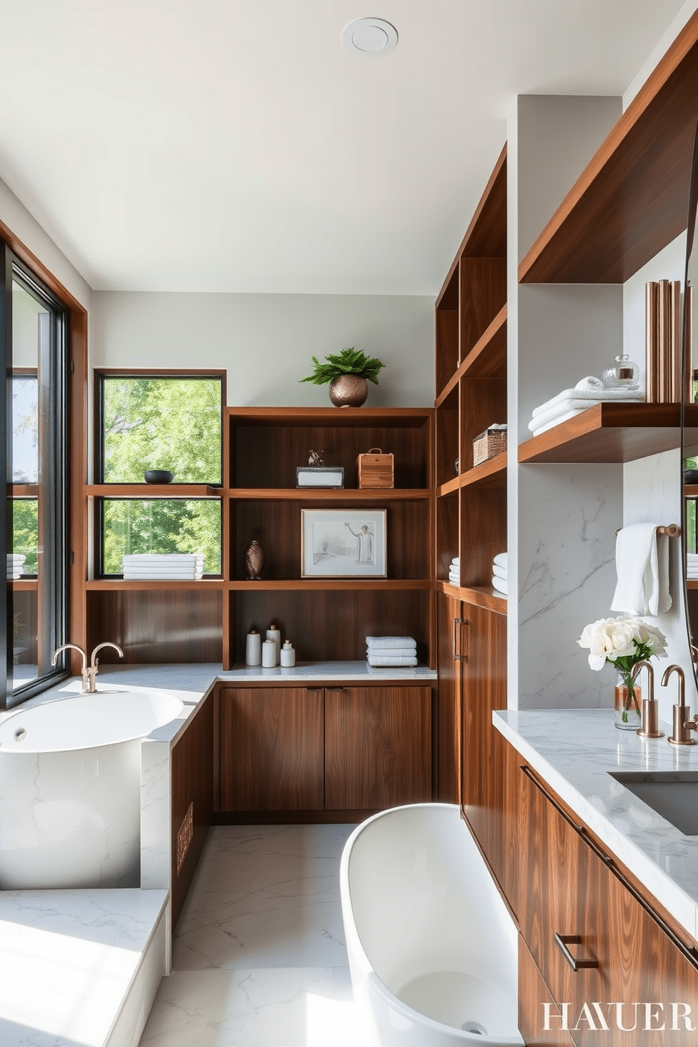 Open shelving elegantly displays carefully curated decorative items in a luxury master bathroom. The shelves are crafted from rich wood, complementing the overall design and providing a warm contrast to the sleek marble surfaces. The bathroom features a spacious layout with a freestanding soaking tub as the centerpiece. Natural light floods the space through large windows, enhancing the serene atmosphere and highlighting the exquisite finishes.