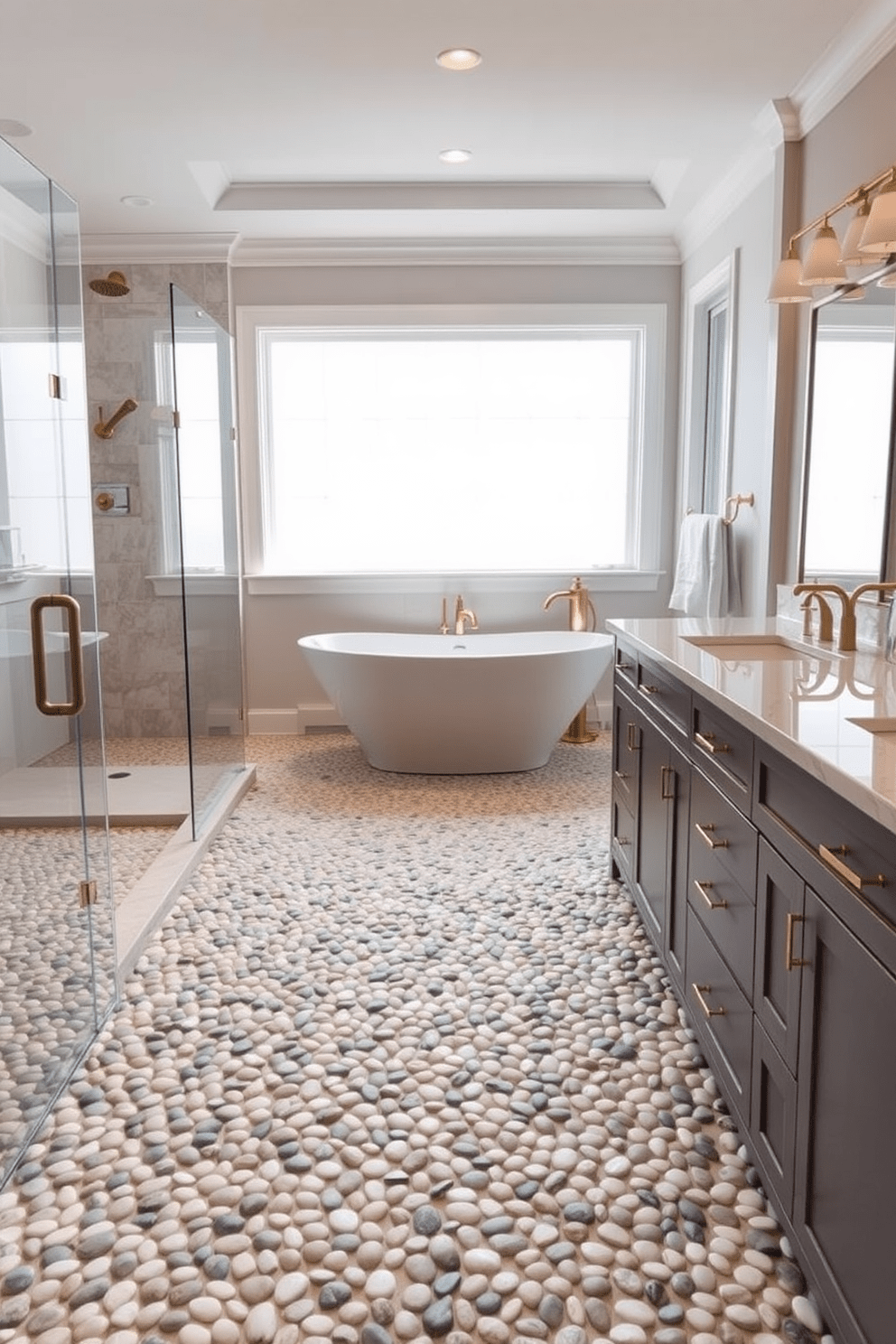 A luxury master bathroom featuring a pebble stone shower floor that adds texture and warmth. The space includes a freestanding soaking tub positioned by a large window, allowing natural light to fill the room. Elegant fixtures in brushed gold complement the neutral color palette of soft whites and grays. A spacious double vanity with a stunning quartz countertop provides ample storage and functionality.