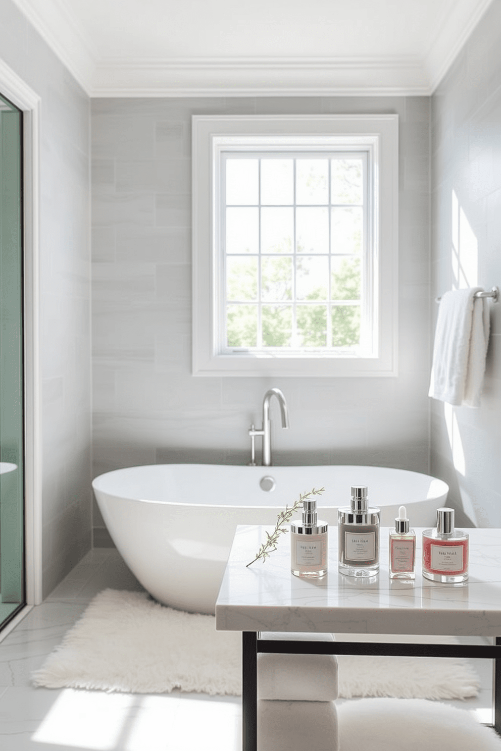 A luxurious master bathroom features a freestanding soaking tub positioned beneath a large window, allowing natural light to flood the space. The walls are adorned with soft gray tiles, and a plush area rug lies beneath the tub for added comfort. Elegant bath products are displayed on a marble shelf, arranged by color and height for visual appeal. Each product is in a chic container, with delicate greenery accentuating the display and enhancing the overall aesthetic.