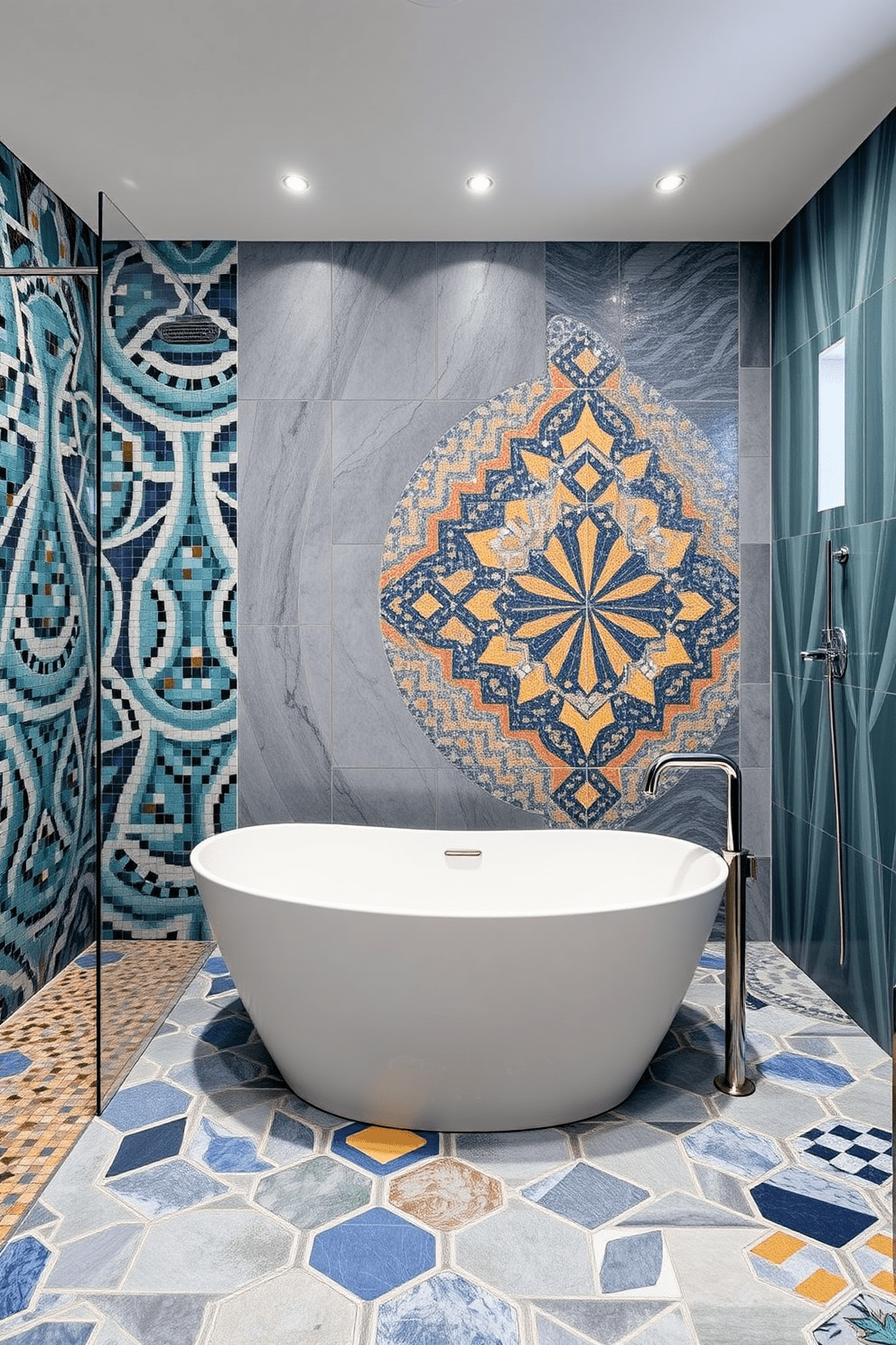 A luxury master bathroom featuring unique tile patterns that create a striking visual impact. The space includes a freestanding soaking tub surrounded by intricate mosaic tiles in shades of blue and gold. The large walk-in shower showcases a stunning geometric tile design that adds depth to the room. Elegant fixtures in polished chrome complement the rich textures of the tile, enhancing the overall sophistication of the design.