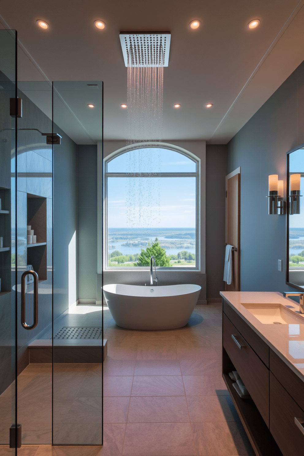 A spa-like shower features a large rainfall showerhead mounted from the ceiling, surrounded by glass walls for an open feel. The floor is covered in natural stone tiles, and there are built-in shelves for elegant storage of bath products. The luxury master bathroom includes a freestanding soaking tub positioned near a large window that offers a serene view. Soft, ambient lighting is provided by recessed fixtures and stylish sconces on either side of the mirror.